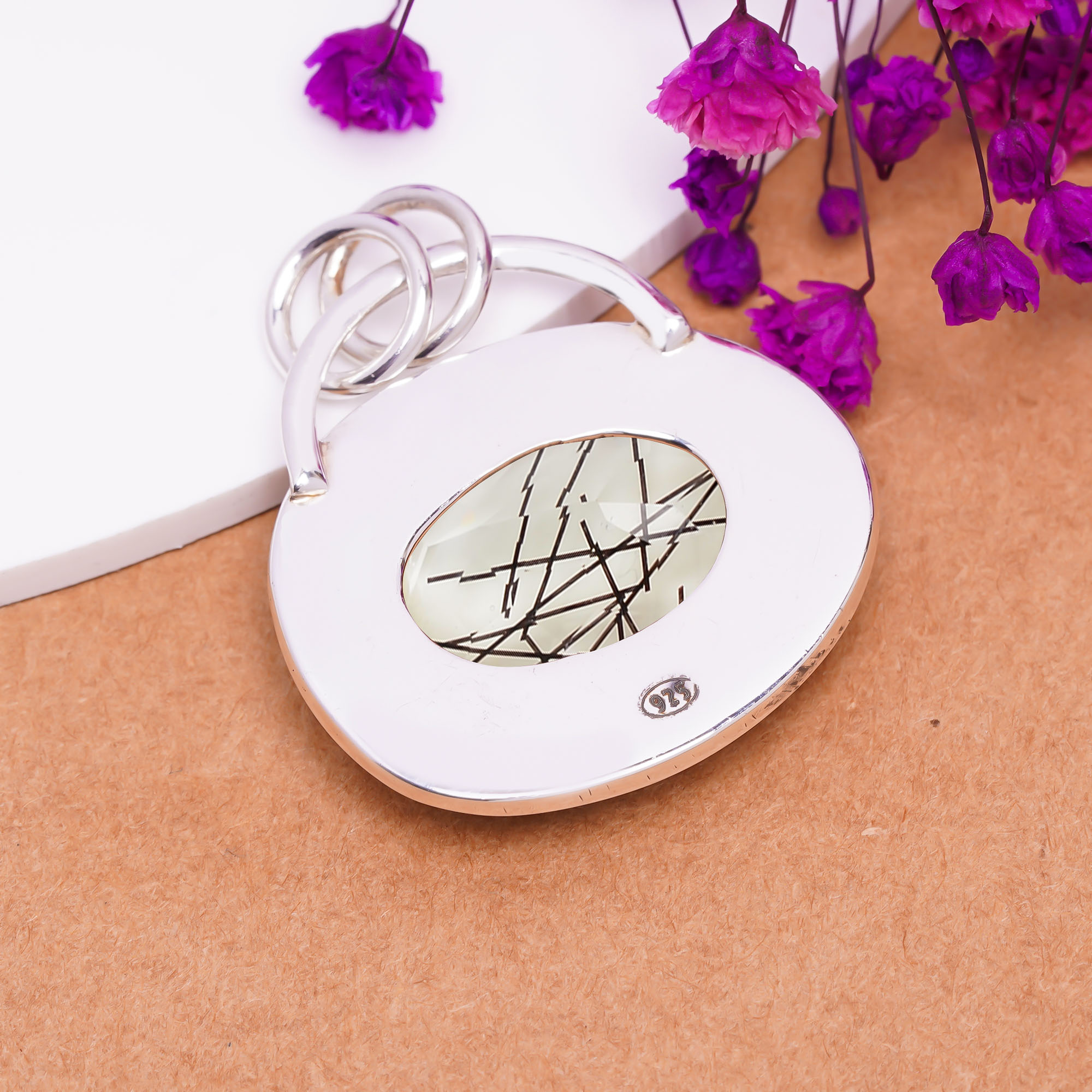 Black Rutilated Quartz - Simulated 925 Solid Sterling Silver Pendant
