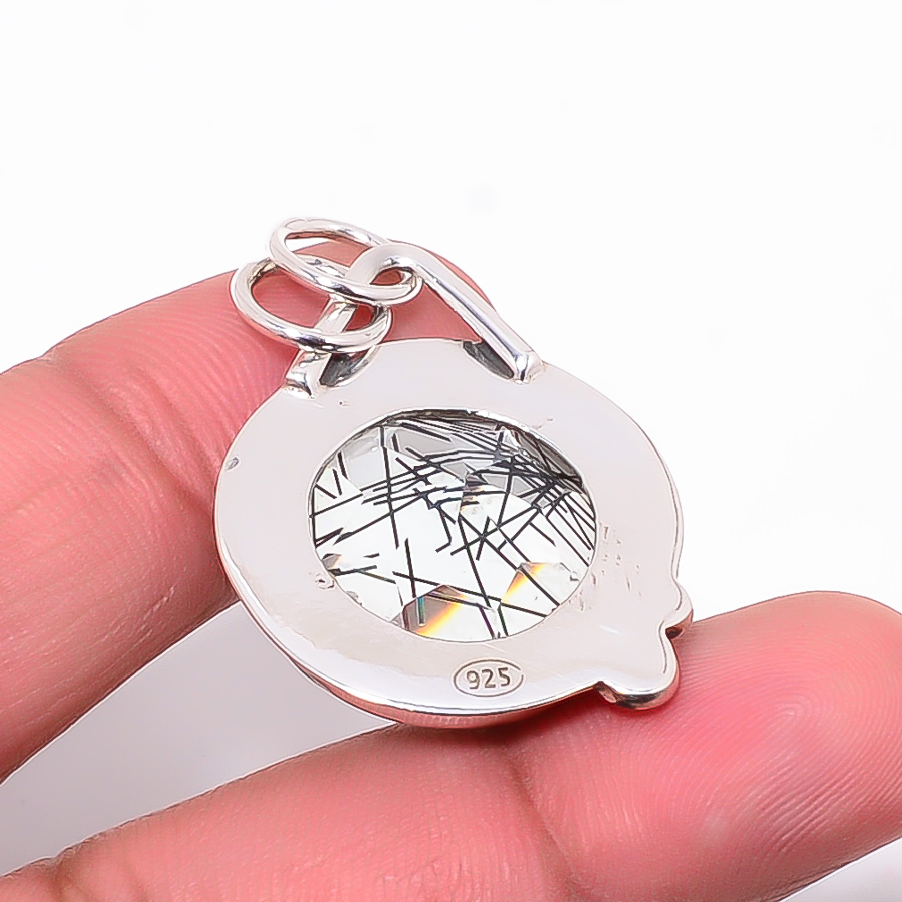 Black Rutilated Quartz - Simulated 925 Solid Sterling Silver Pendant