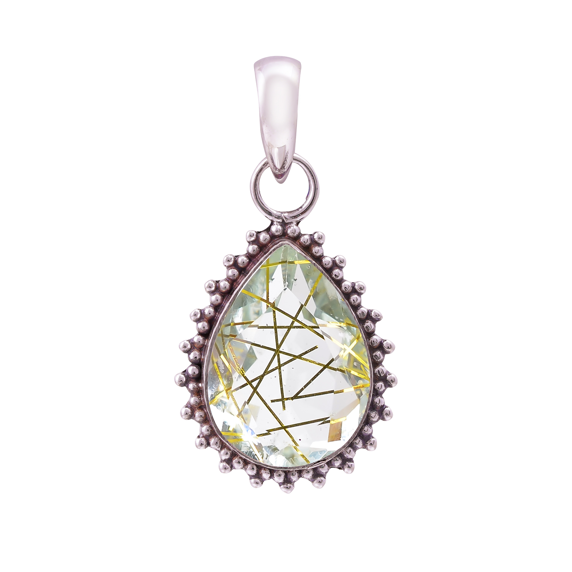 Golden Rutilated Quartz - Simulated 925 Solid Sterling Silver Pendant