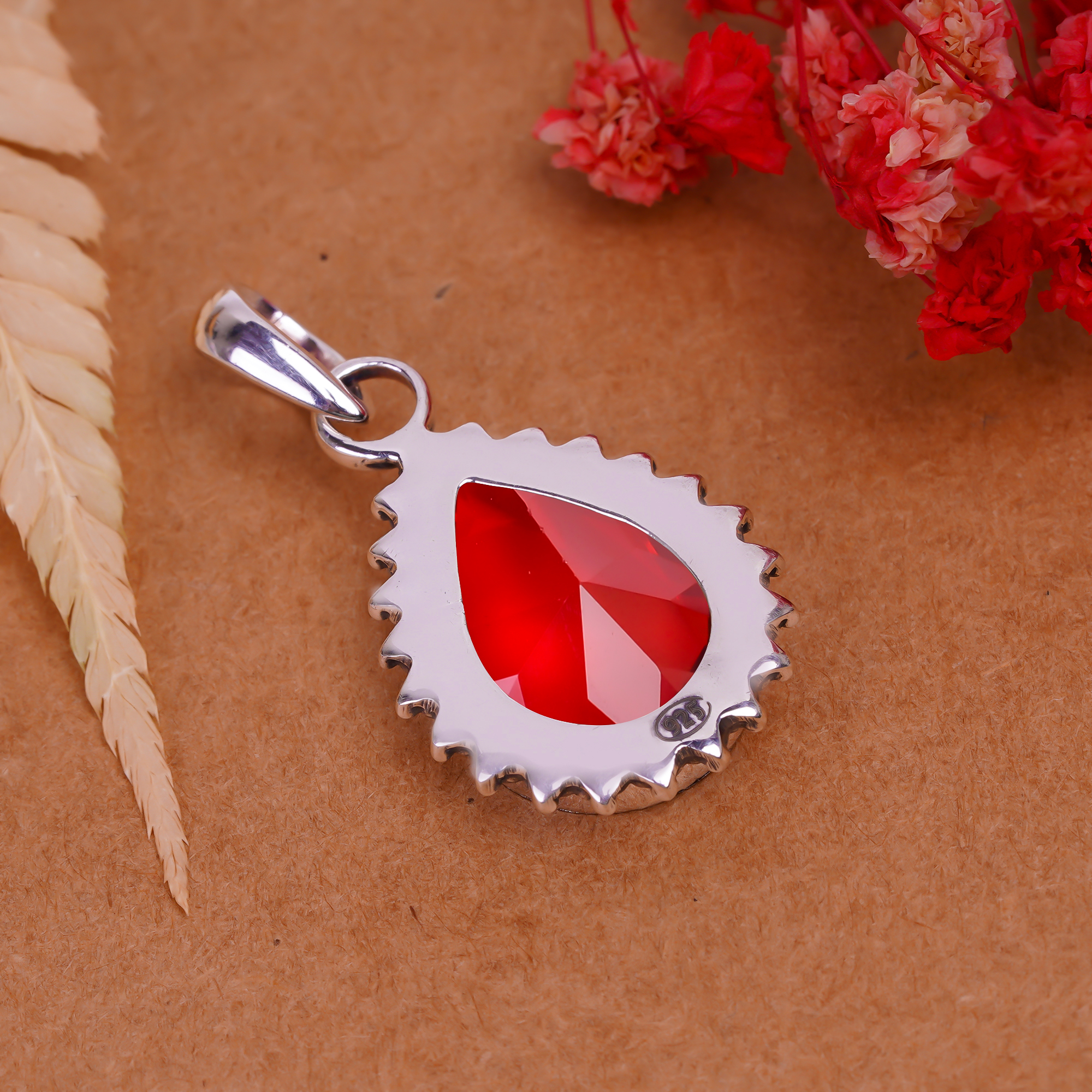 Red Garnet - Simulated 925 Solid Sterling Silver Pendant