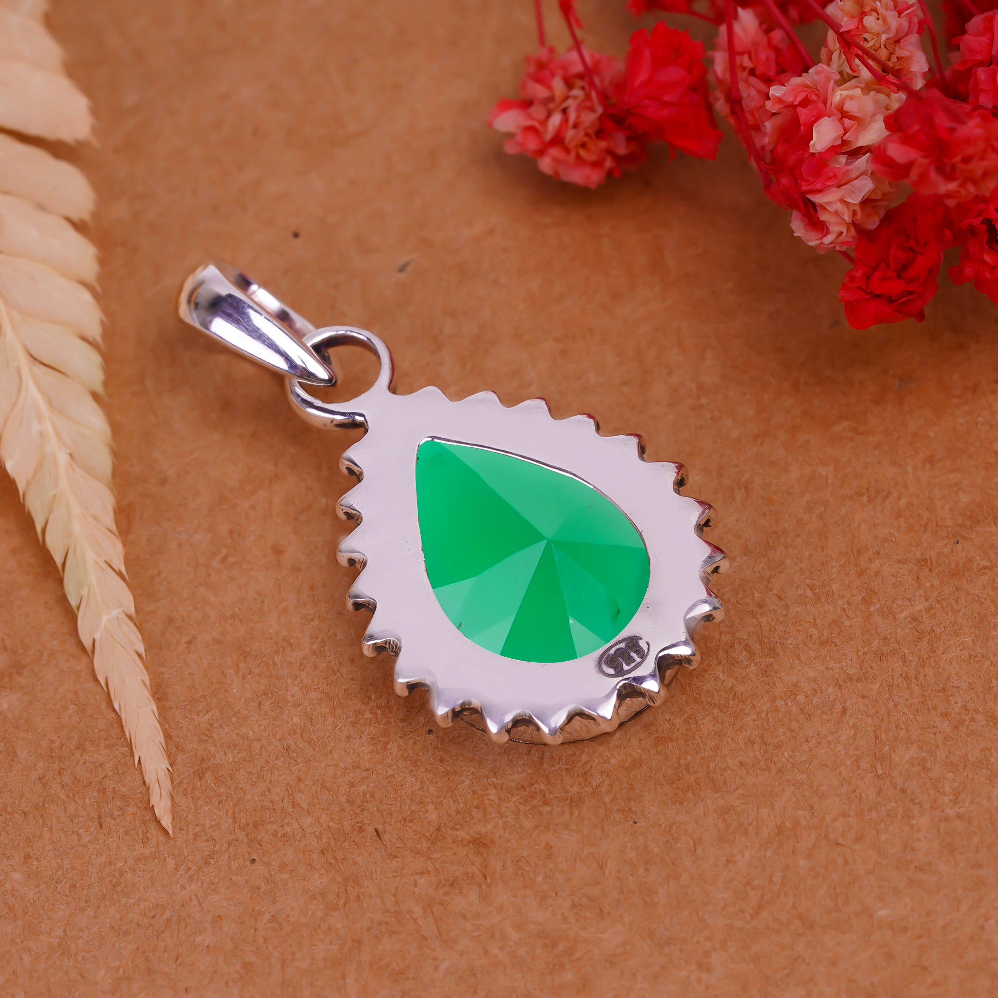 Emerald Simulated 925 Solid Sterling Silver Pendant