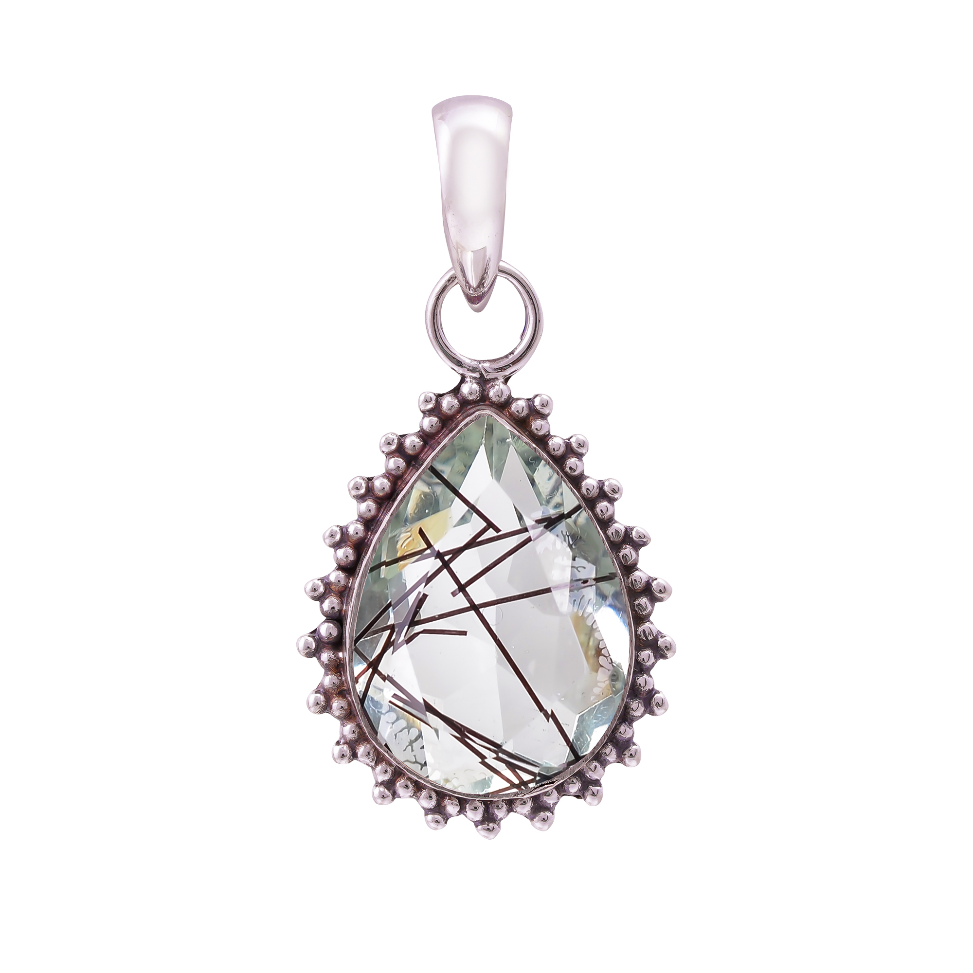 Black Rutilated Quartz - Simulated 925 Solid Sterling Silver Pendant