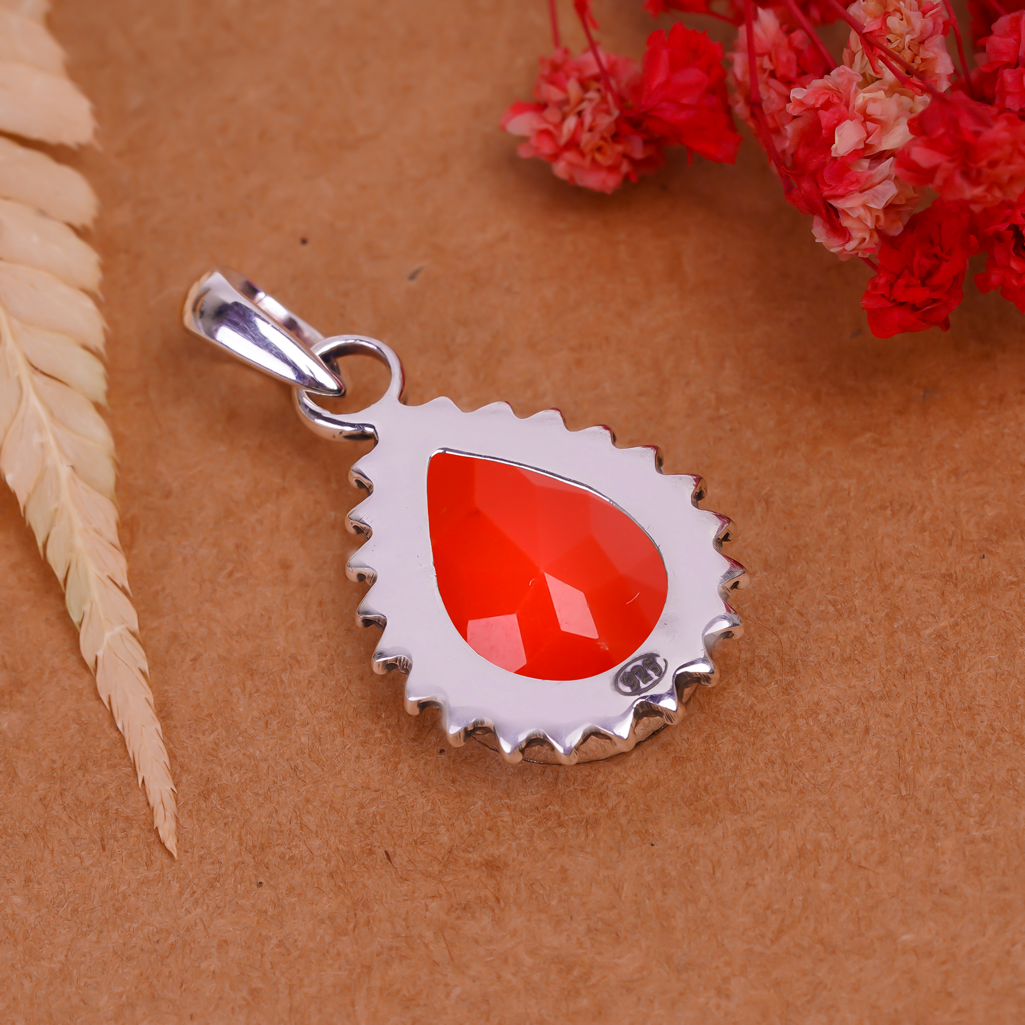 Red Coral - Simulated 925 Solid Sterling Silver Pendant