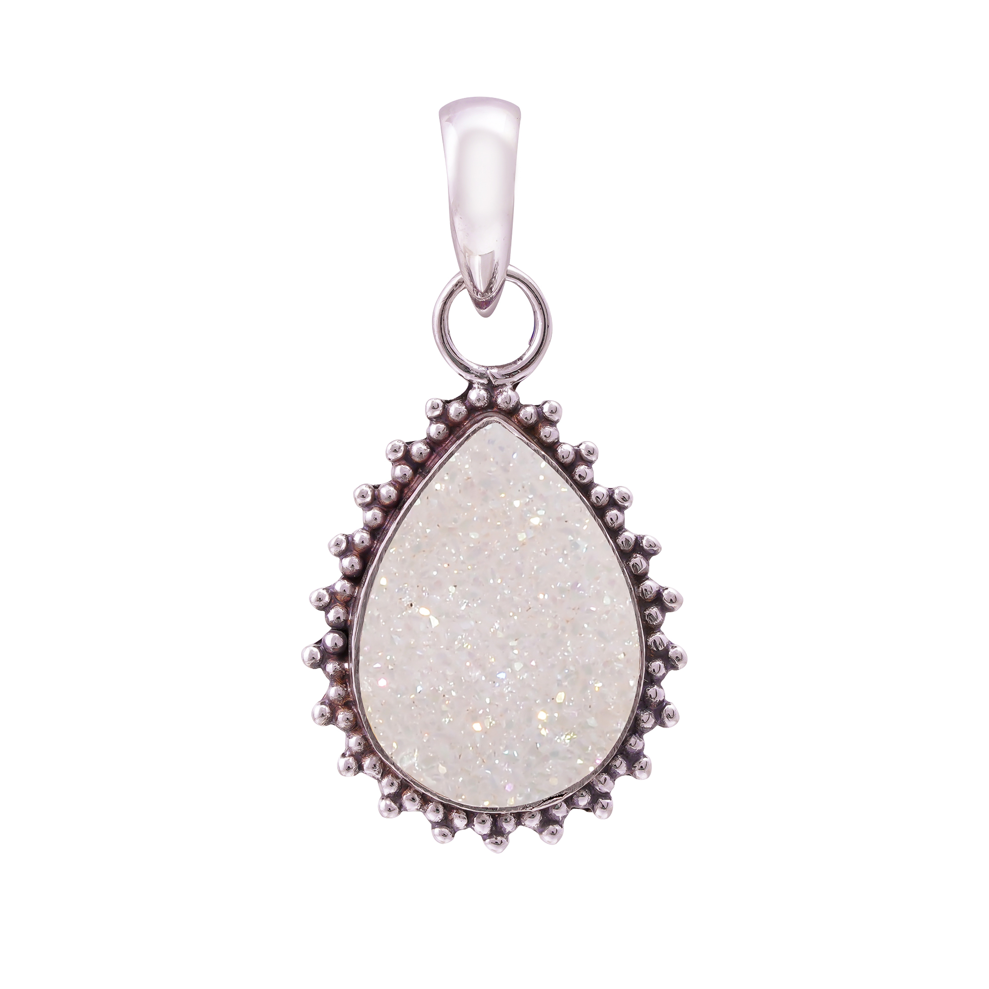 Snow White Titanium Agate Drusy 925 Solid Sterling Silver Pendant