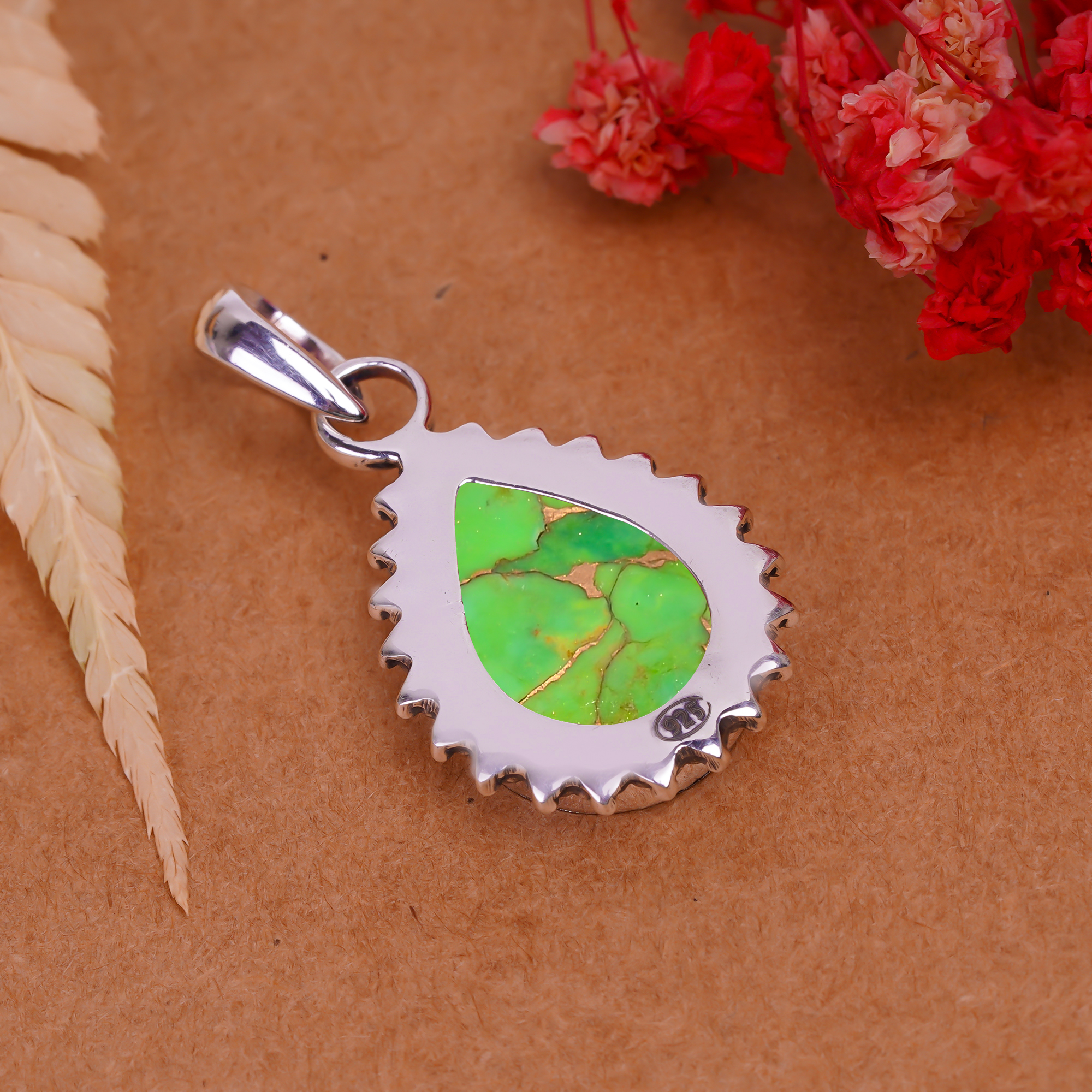 Copper Green Turquoise 925 Solid Sterling Silver Pendant