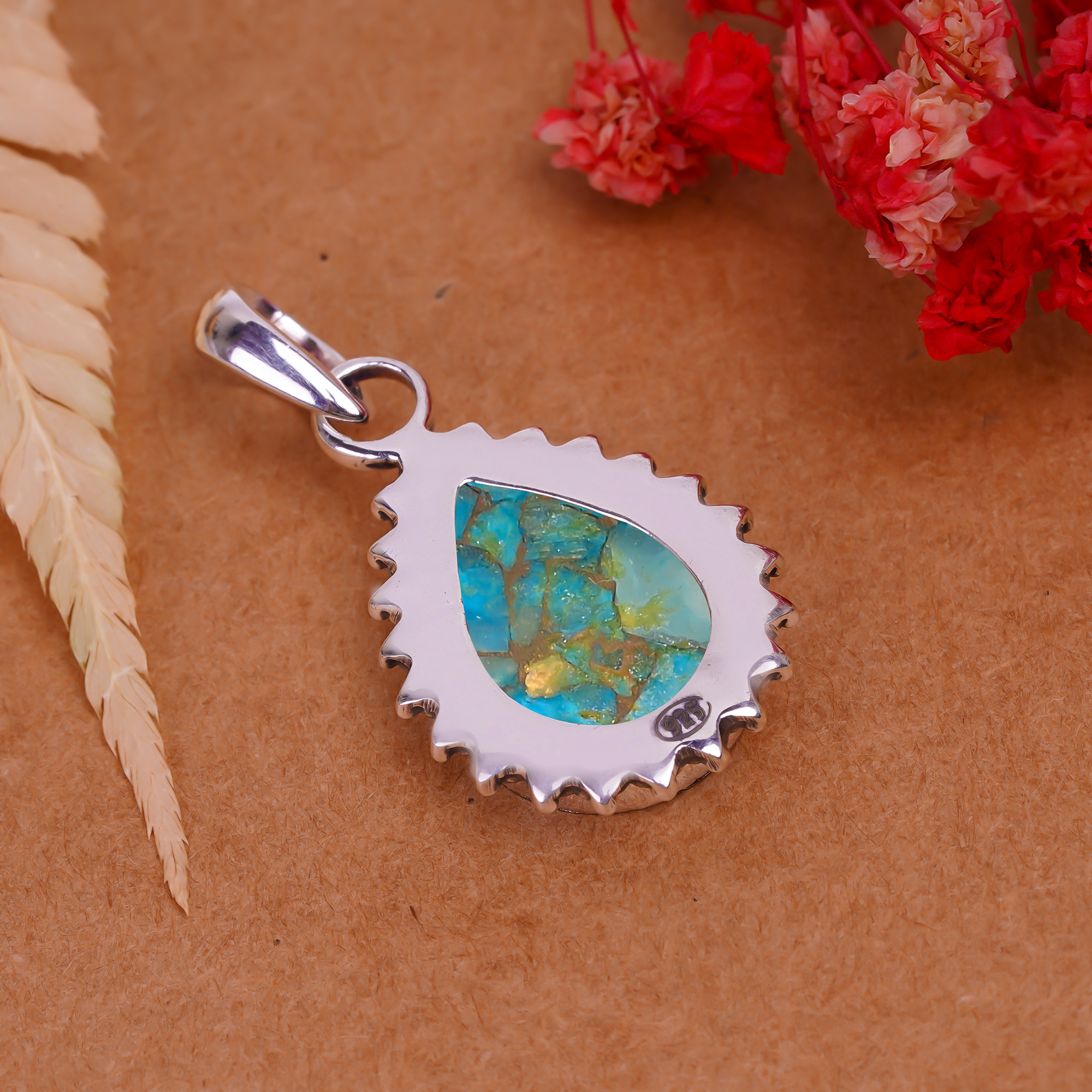 Copper Blue Turquoise 925 Solid Sterling Silver Pendant