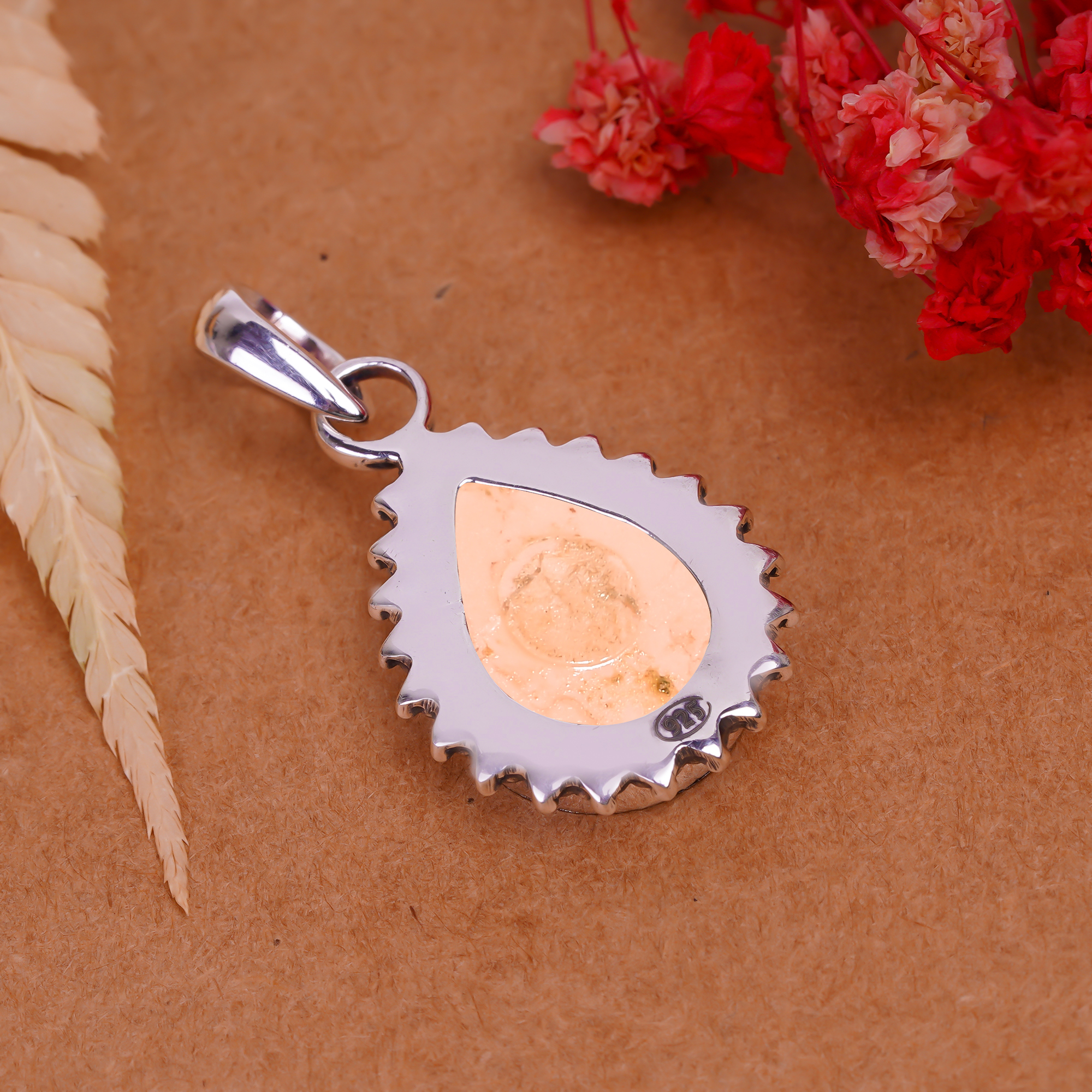 Pink Opal - Simulated   925 Solid Sterling Silver Pendant