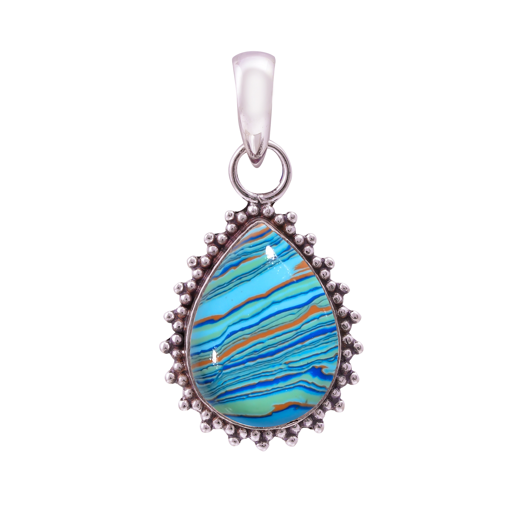 Blue Rainbow Calsilica - Simulated 925 Solid Sterling Silver Pendant