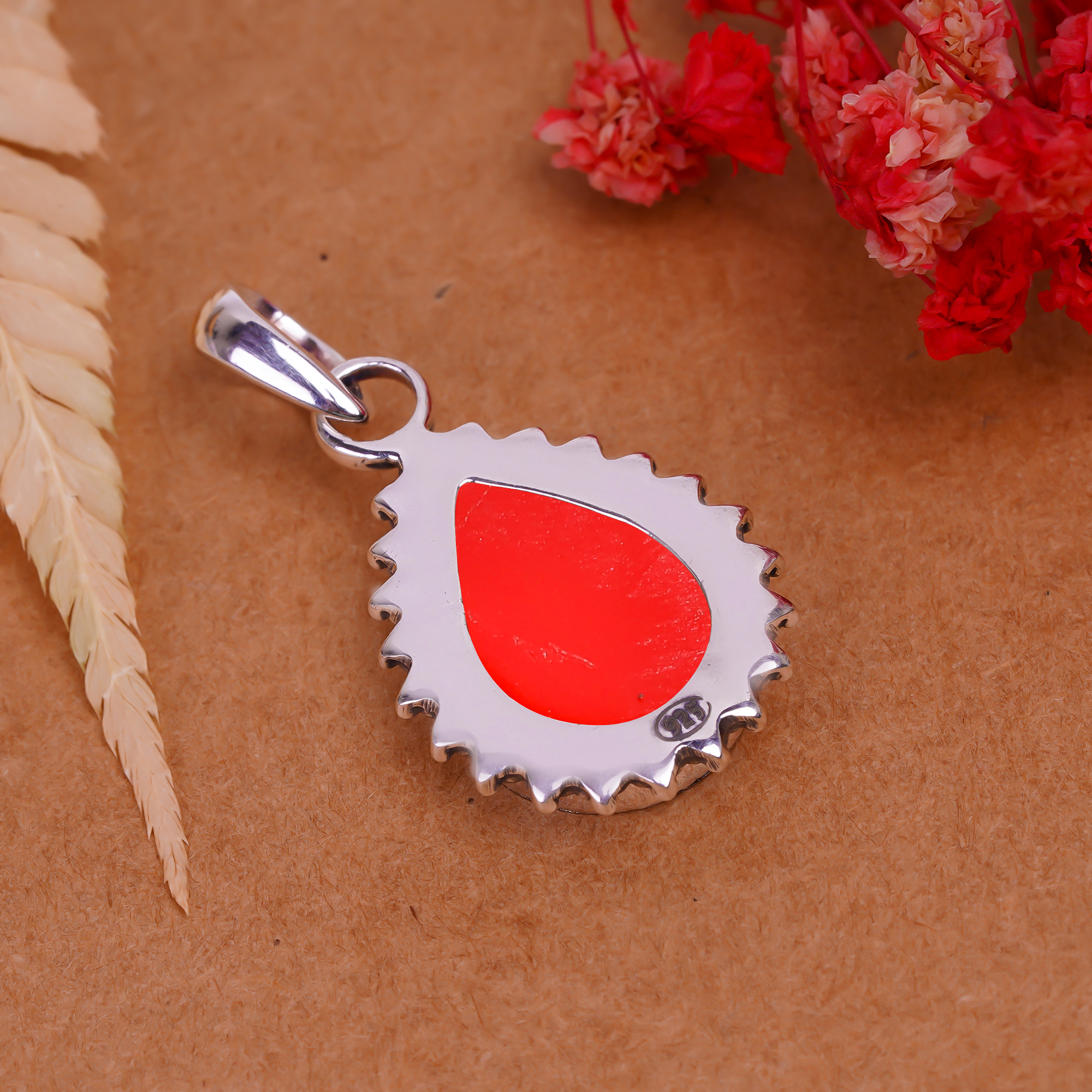Red Coral - Simulated 925 Solid Sterling Silver Pendant