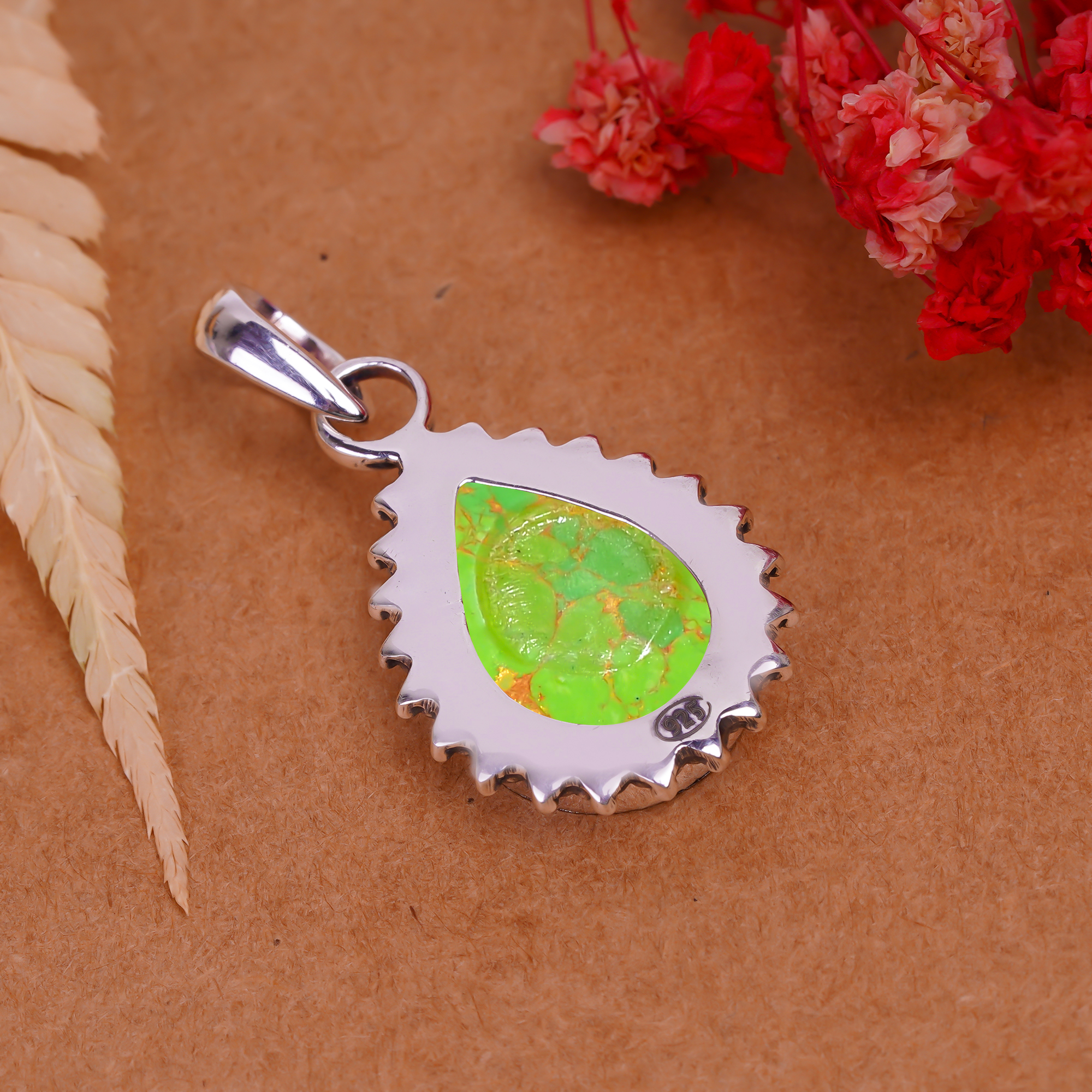Copper Green Turquoise - Simulated 925 Solid Sterling Silver Pendant