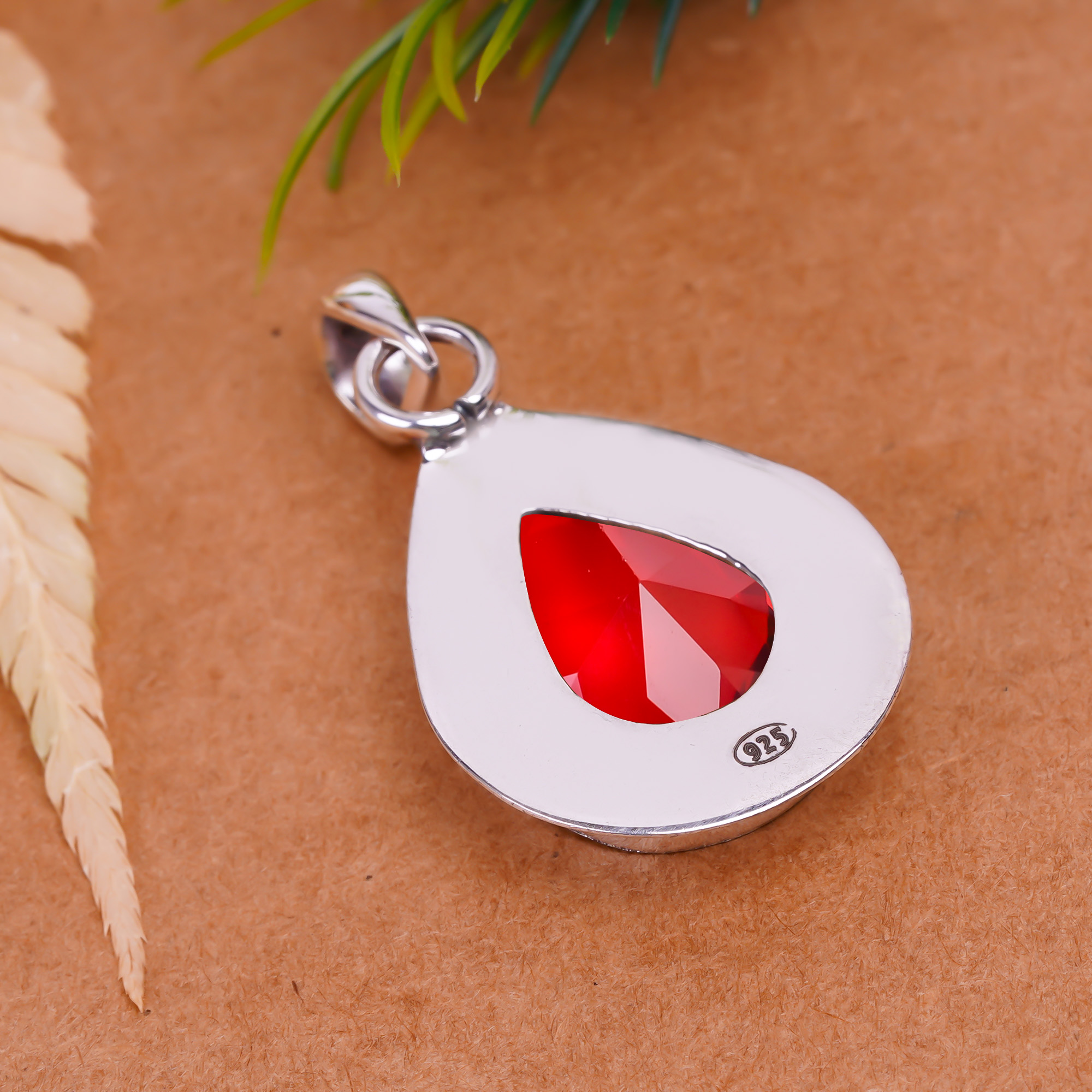 Red Garnet - Simulated 925 Solid Sterling Silver Pendant