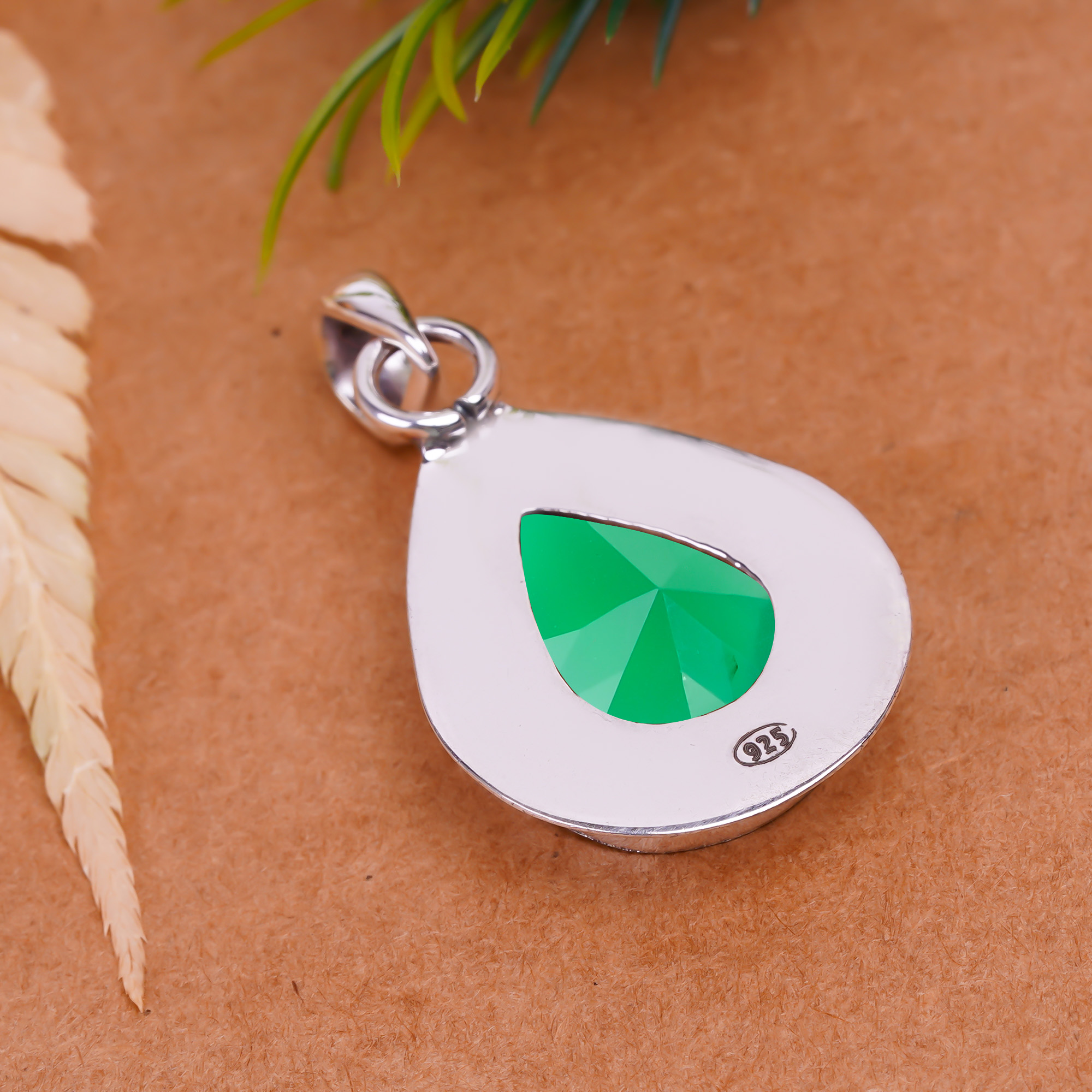 Emerald Simulated 925 Solid Sterling Silver Pendant