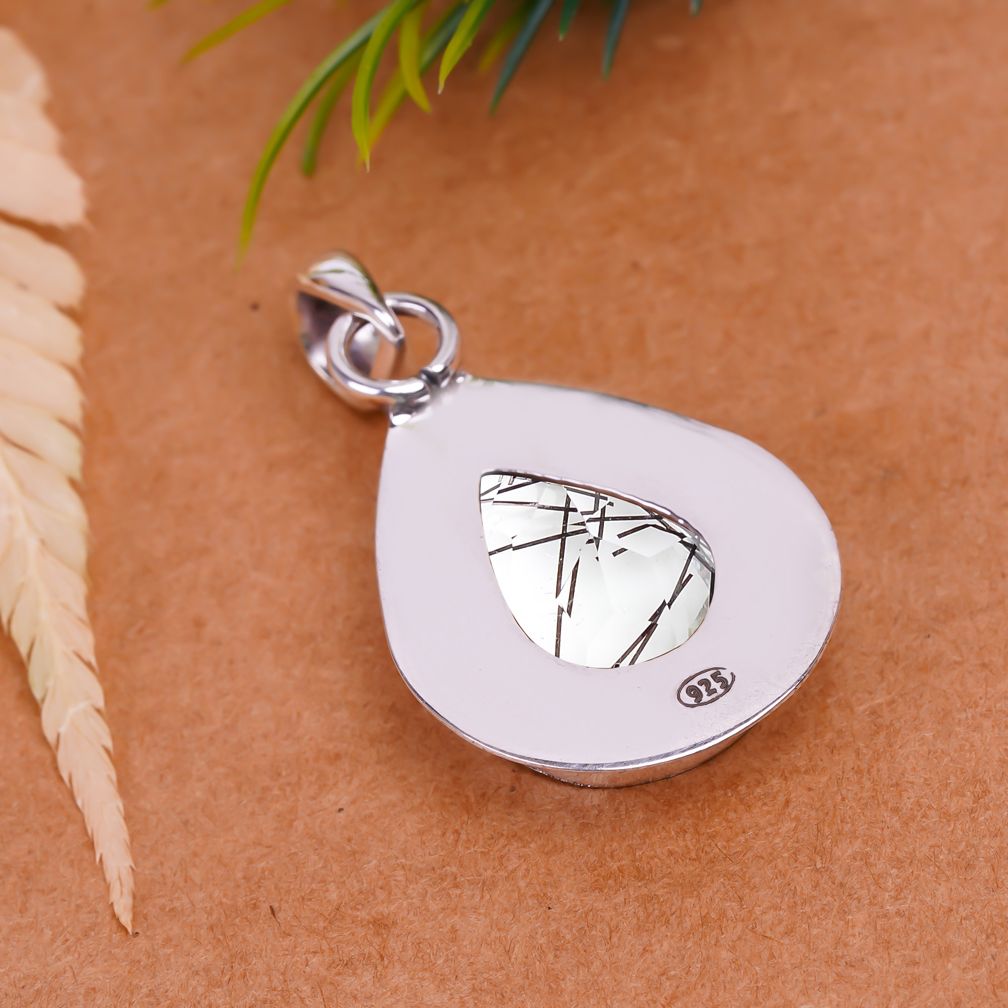 Black Rutilated Quartz - Simulated 925 Solid Sterling Silver Pendant