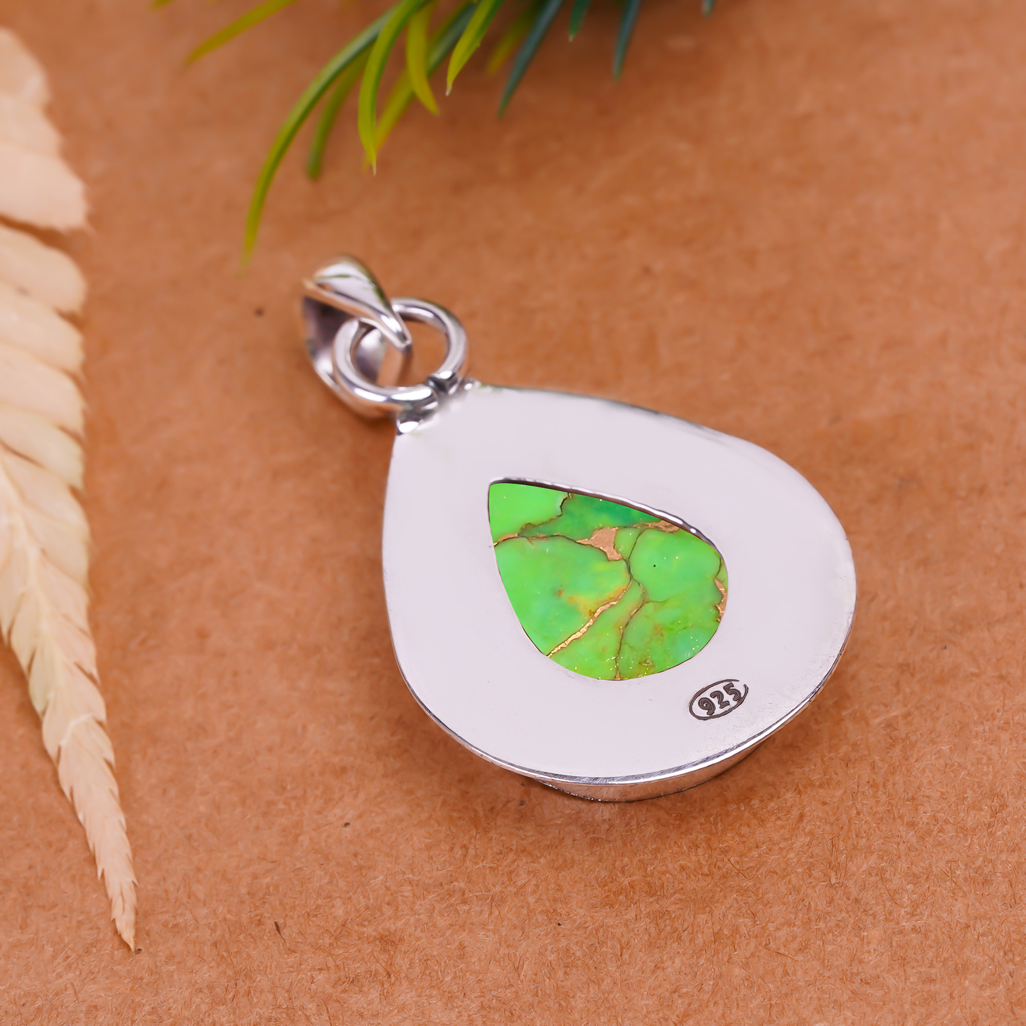 Copper Green Turquoise 925 Solid Sterling Silver Pendant