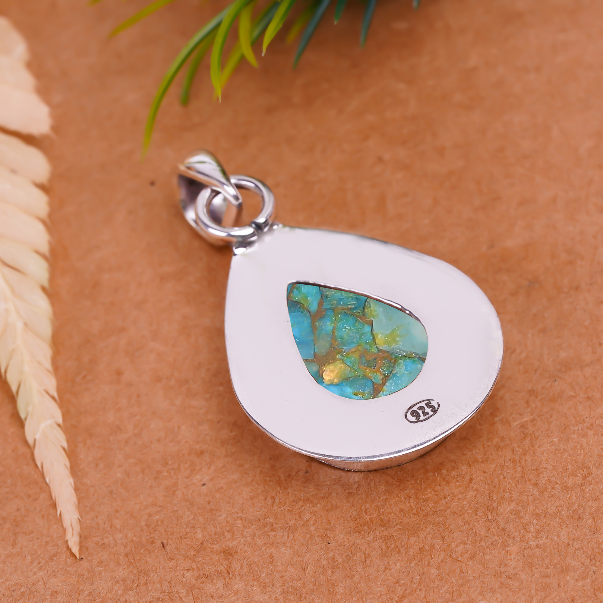 Copper Blue Turquoise 925 Solid Sterling Silver Pendant