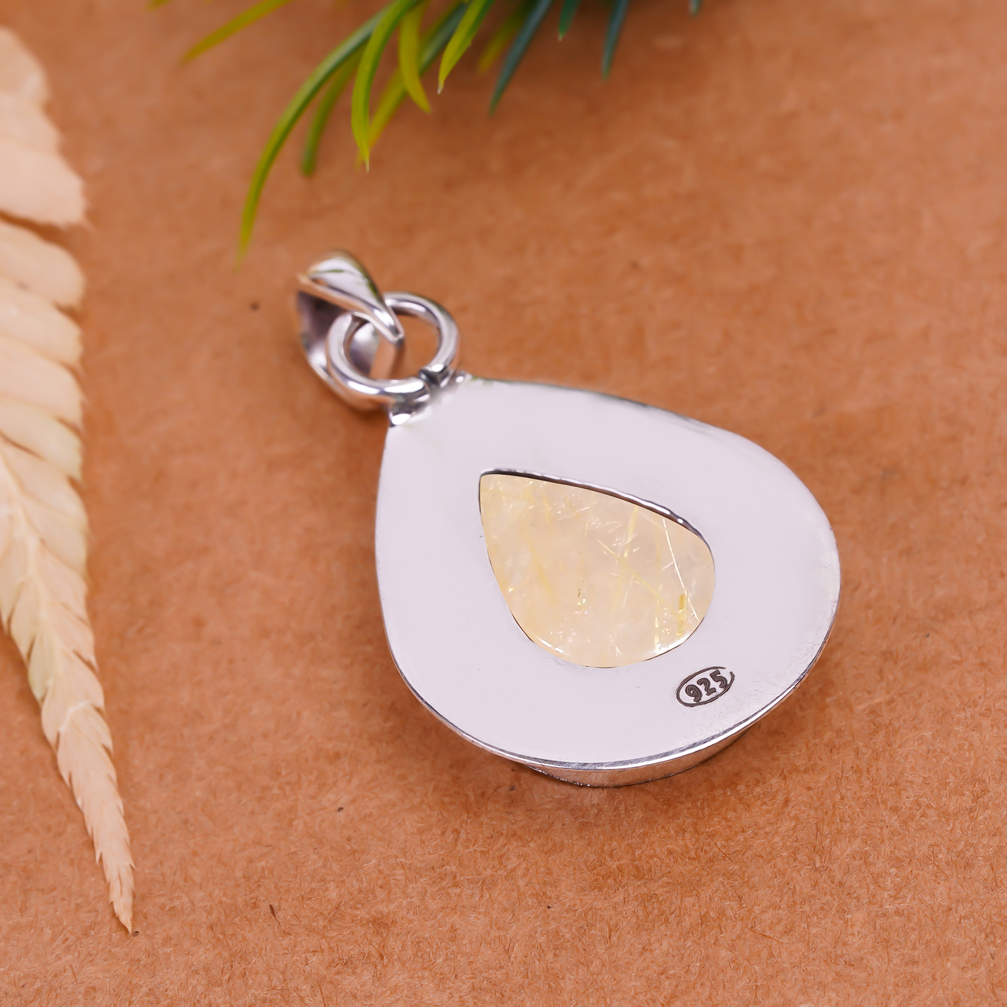 Golden Rutilated Quartz - Brazil 925 Solid Sterling Silver Pendant