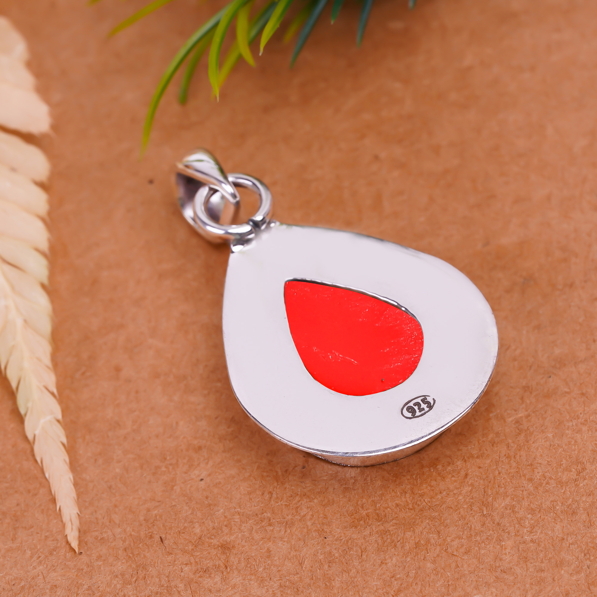 Red Coral - Simulated 925 Solid Sterling Silver Pendant