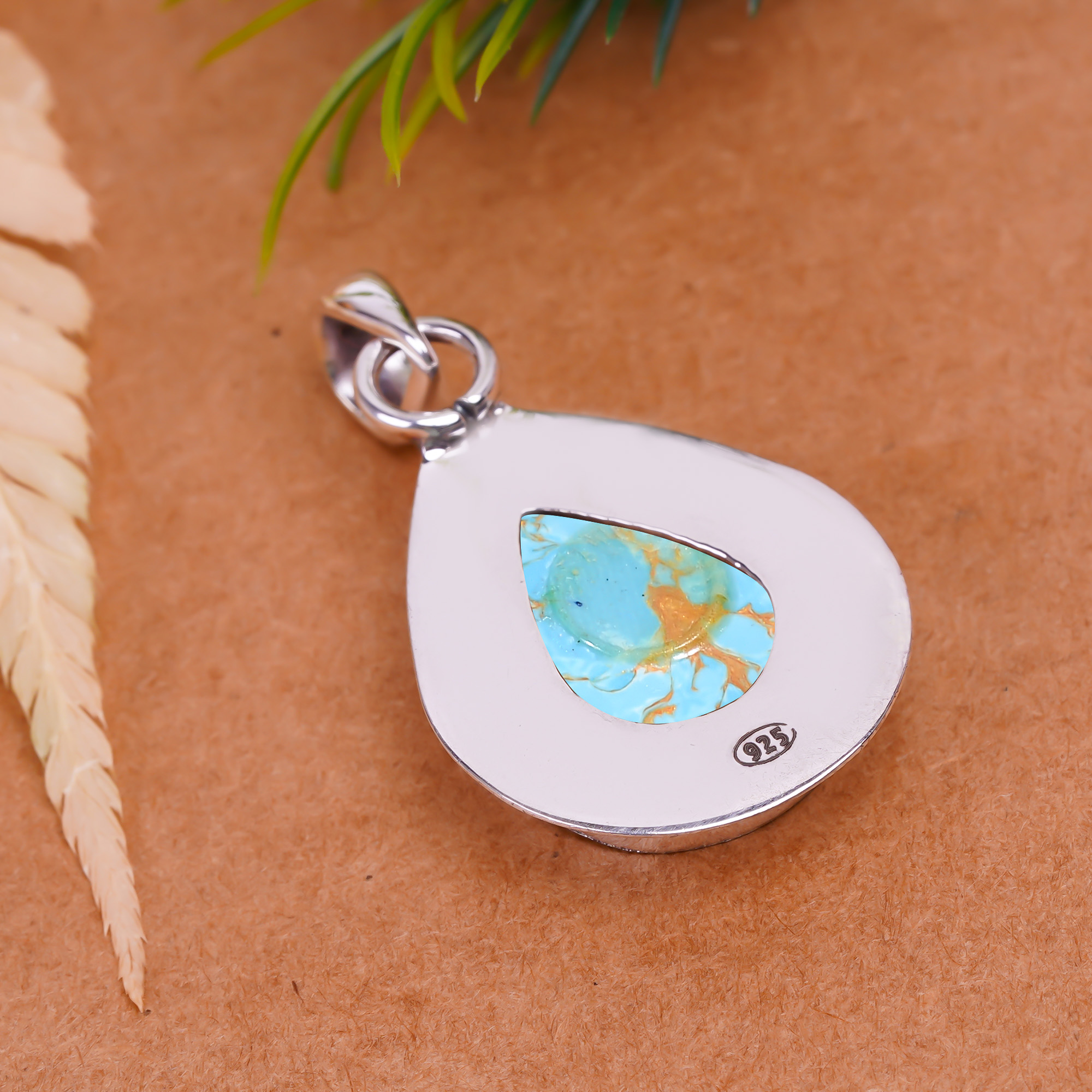 Copper Blue Turquoise - Simulated 925 Solid Sterling Silver Pendant
