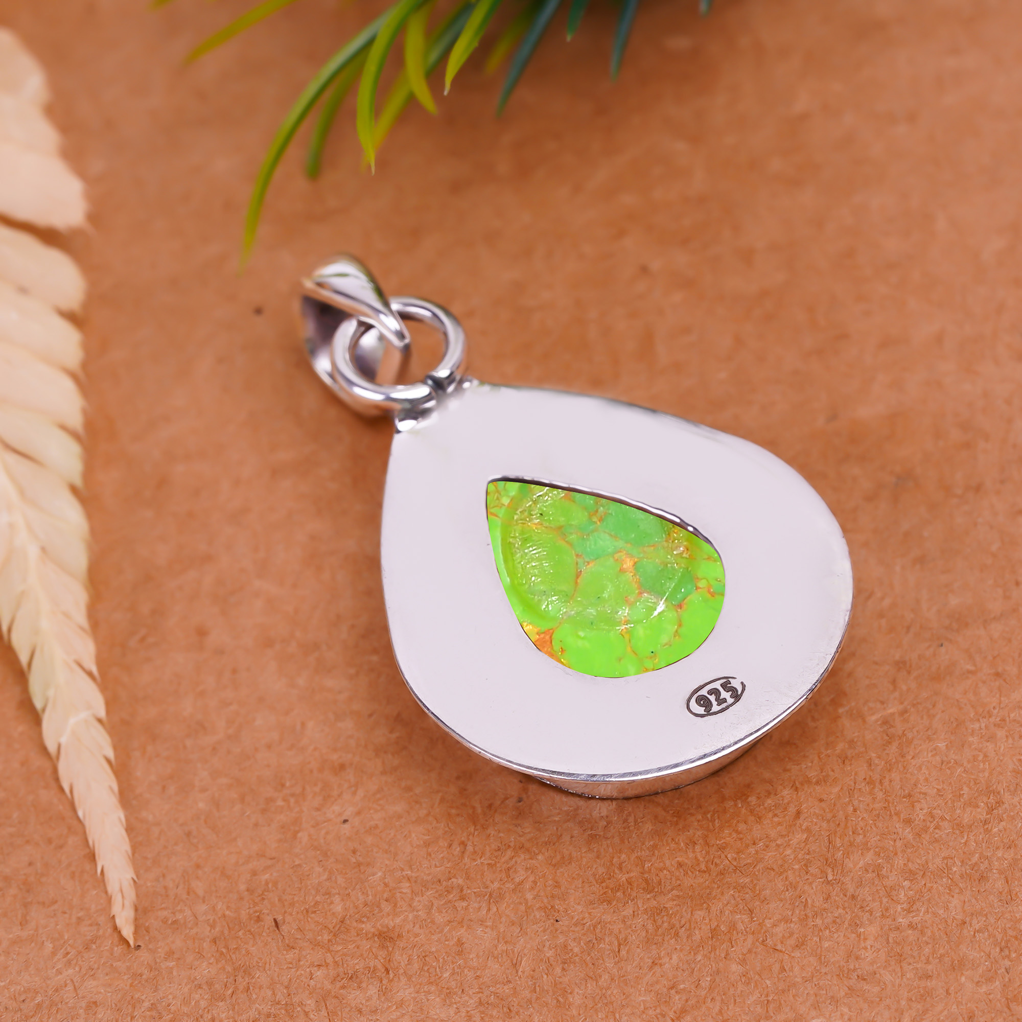 Copper Green Turquoise - Simulated 925 Solid Sterling Silver Pendant
