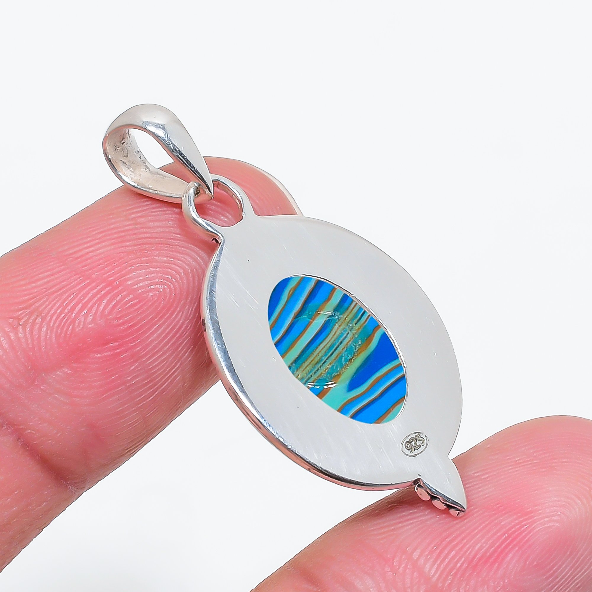 Blue Rainbow Calsilica - Simulated 925 Solid Sterling Silver Pendant