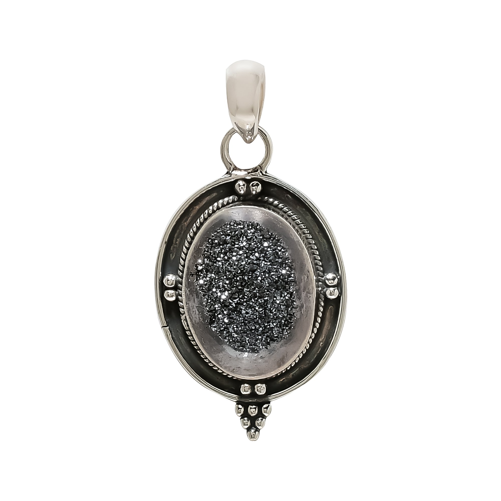 Black Titanium Agate Drusy 925 Solid Sterling Silver Pendant
