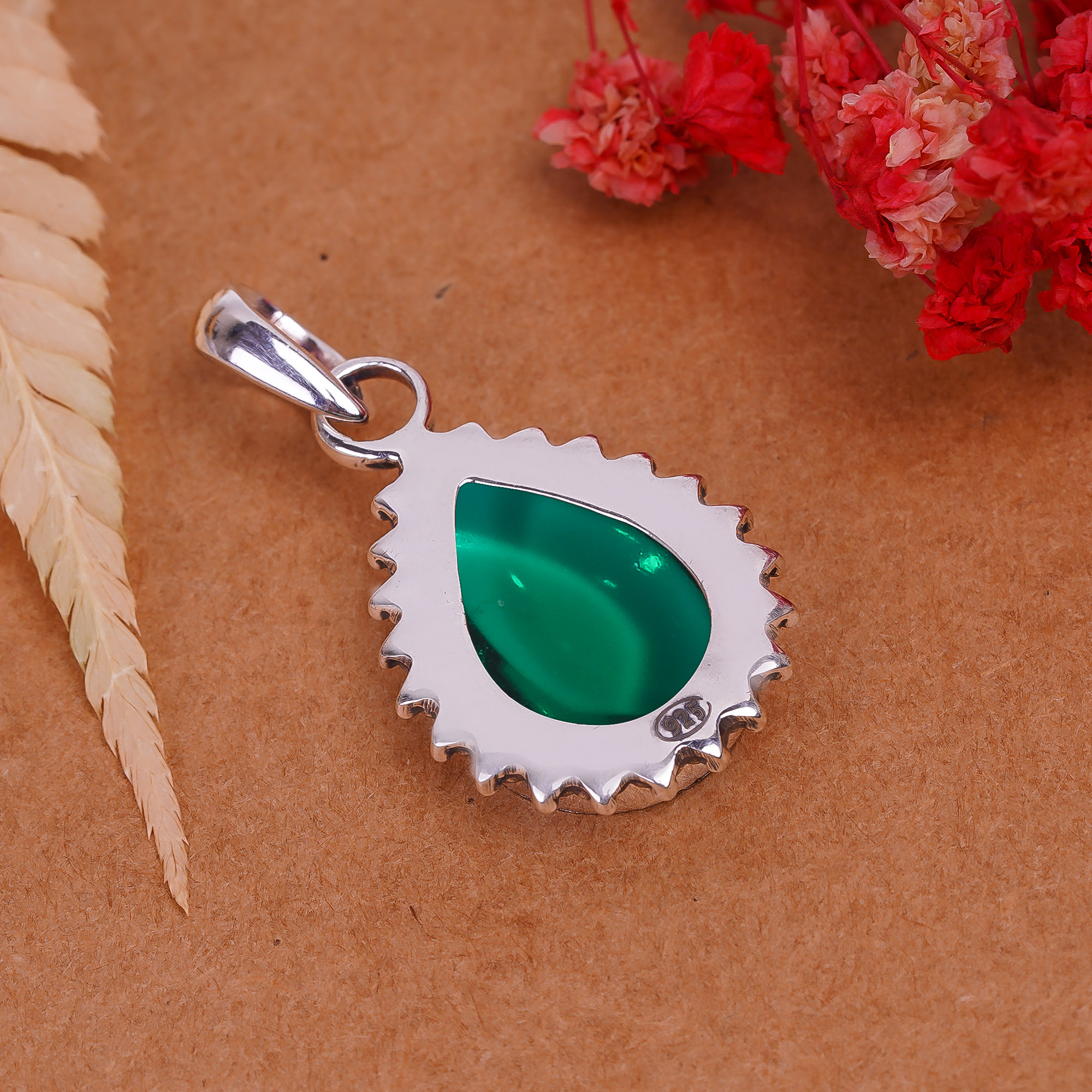 Emerald Simulated 925 Solid Sterling Silver Pendant