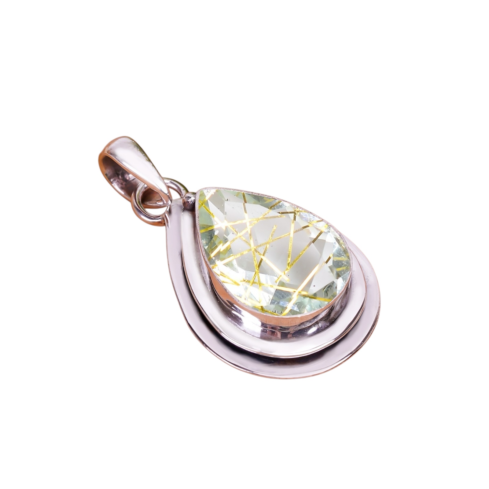 Golden Rutilated Quartz - Simulated 925 Solid Sterling Silver Pendant