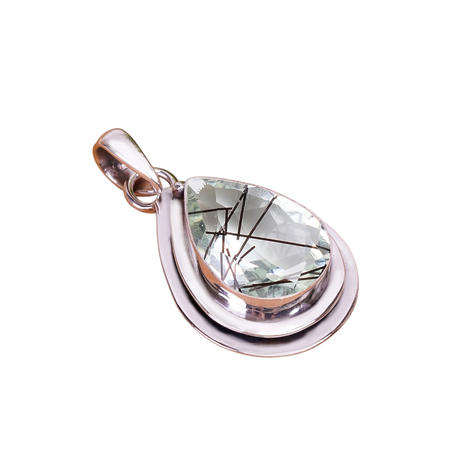 Black Rutilated Quartz - Simulated 925 Solid Sterling Silver Pendant