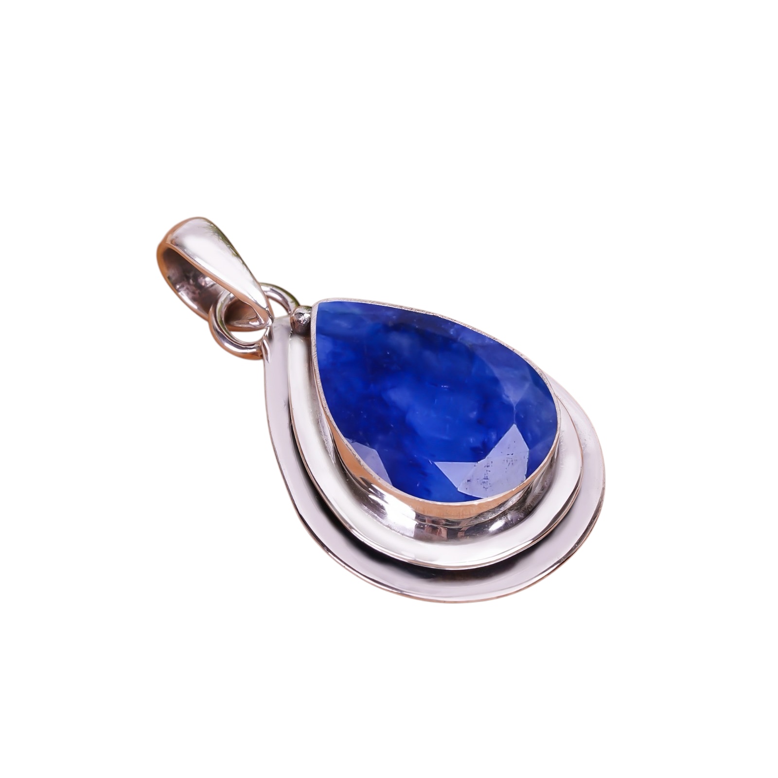 Blue Sapphire - Dyed Quartz 925 Solid Sterling Silver Pendant