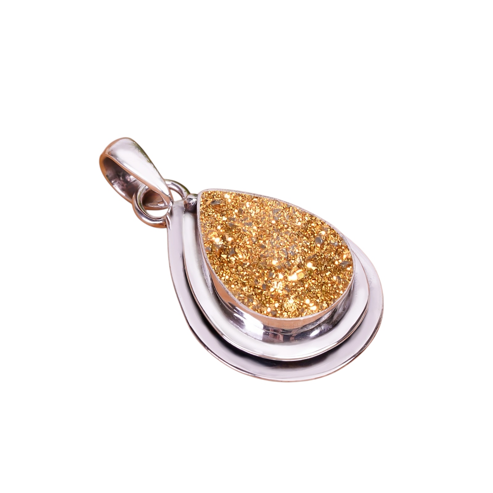 Golden Titanium Agate Drusy 925 Solid Sterling Silver Pendant