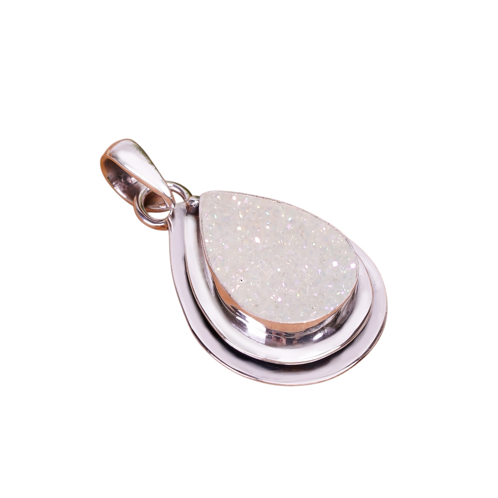 Snow White Titanium Agate Drusy 925 Solid Sterling Silver Pendant