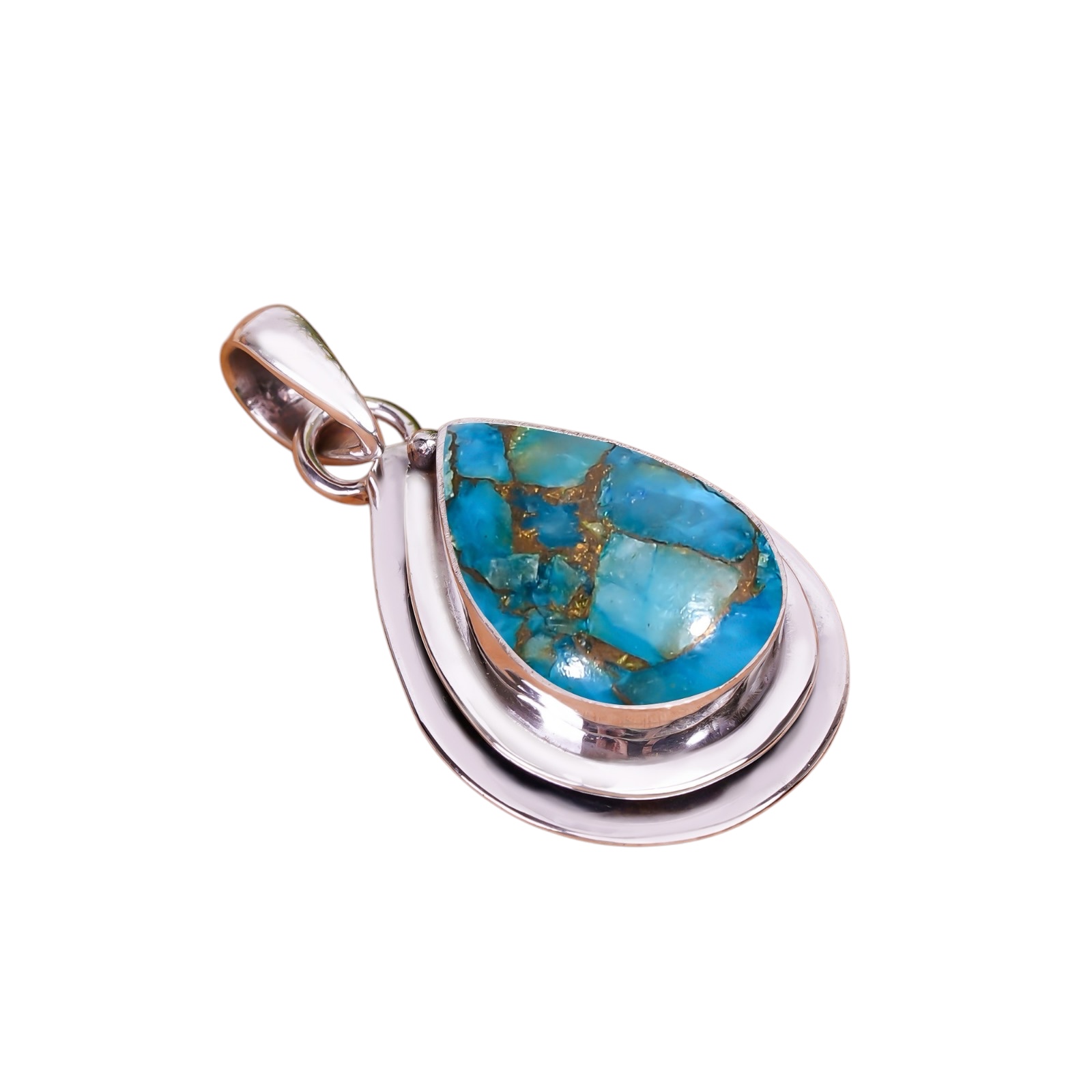 Copper Blue Turquoise 925 Solid Sterling Silver Pendant