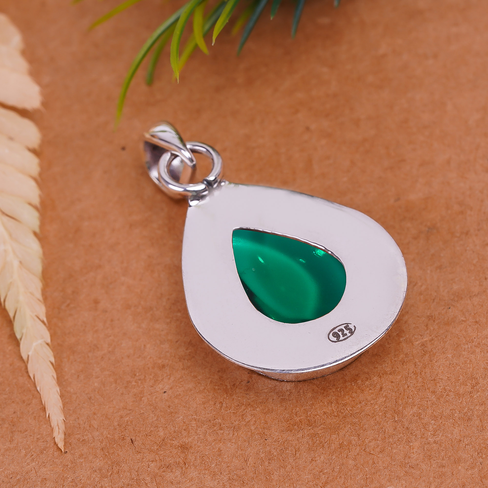Emerald Simulated 925 Solid Sterling Silver Pendant