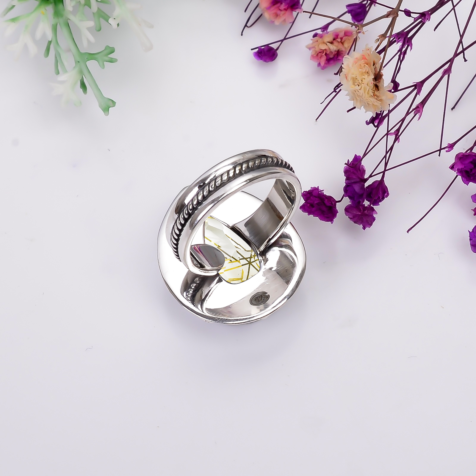 Golden Rutilated Quartz - Simulated 925 Sterling Silver Ring