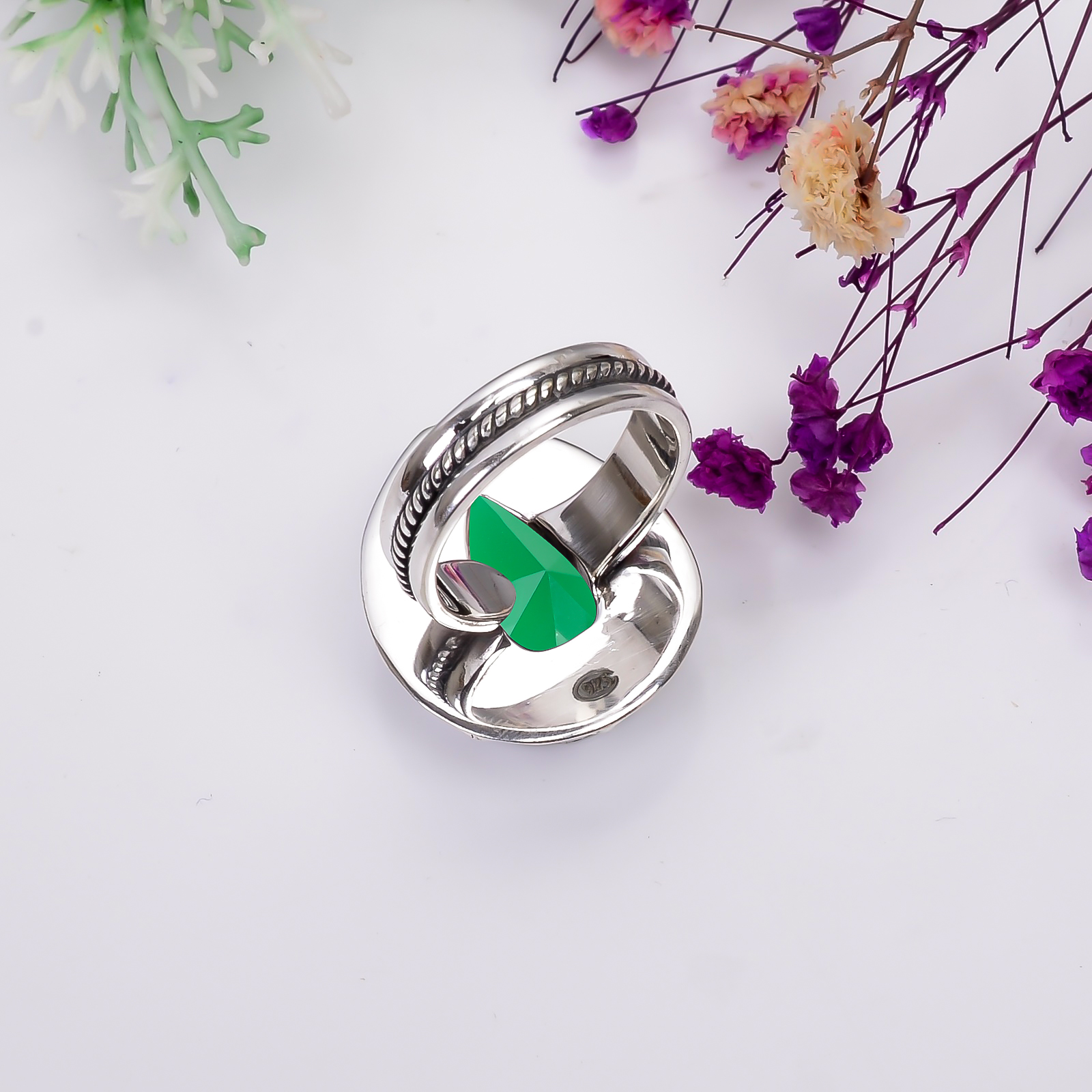 Emerald Simulated 925 Sterling Silver Ring