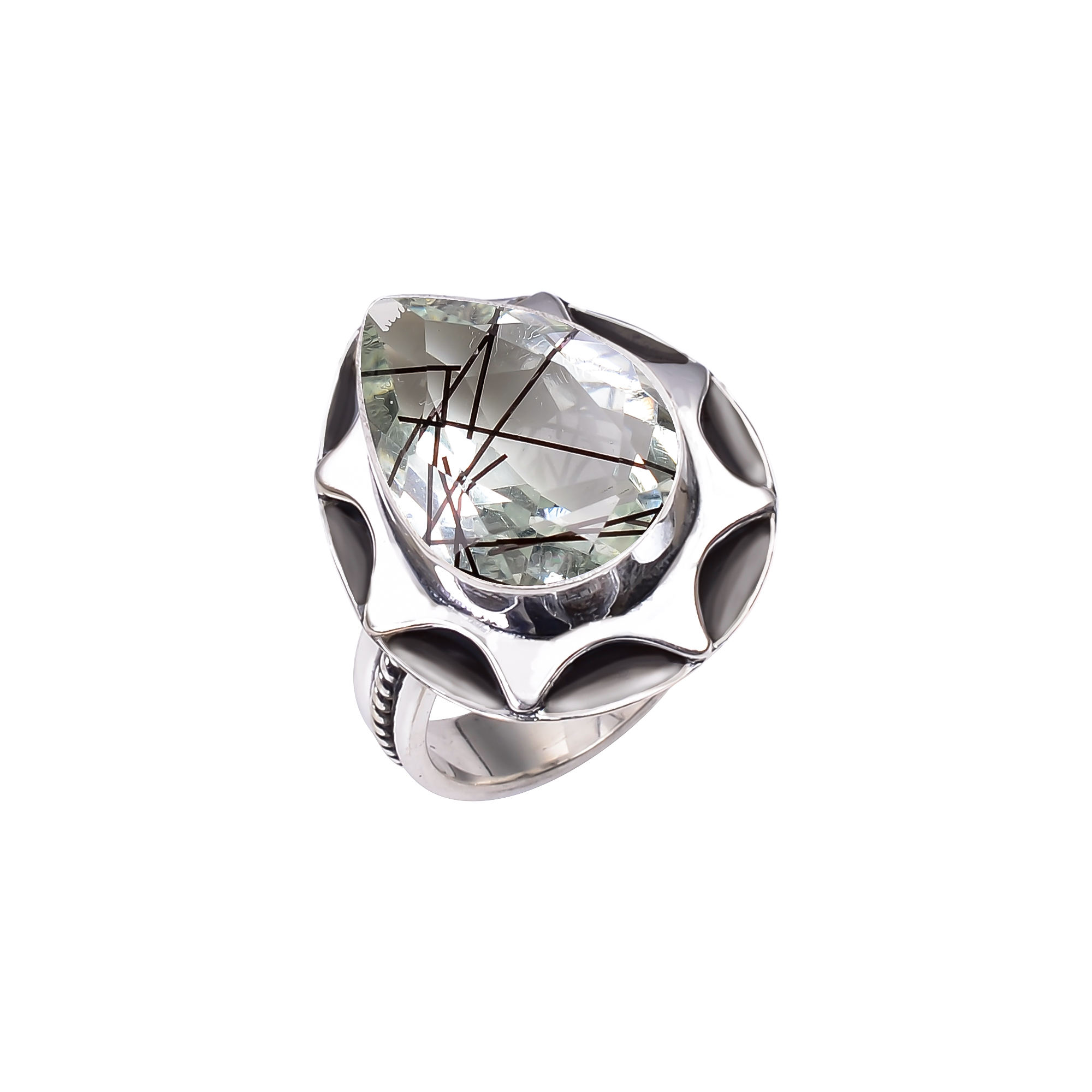 Black Rutilated Quartz - Simulated 925 Sterling Silver Ring