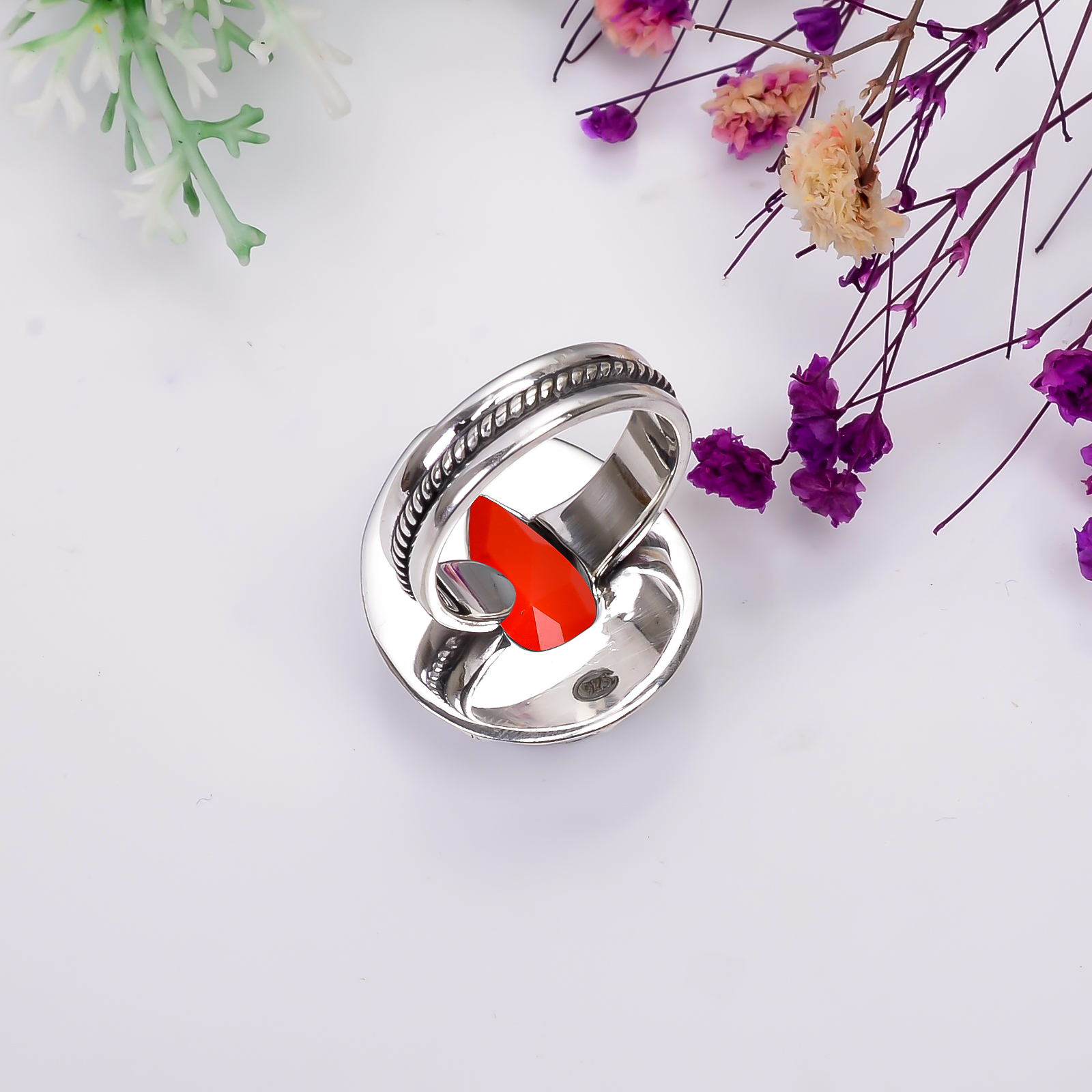 Red Coral - Simulated 925 Sterling Silver Ring