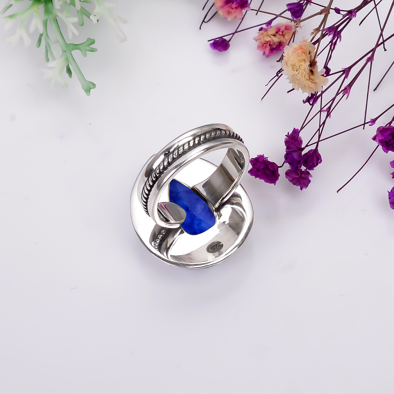 Blue Sapphire - Dyed Quartz 925 Sterling Silver Ring