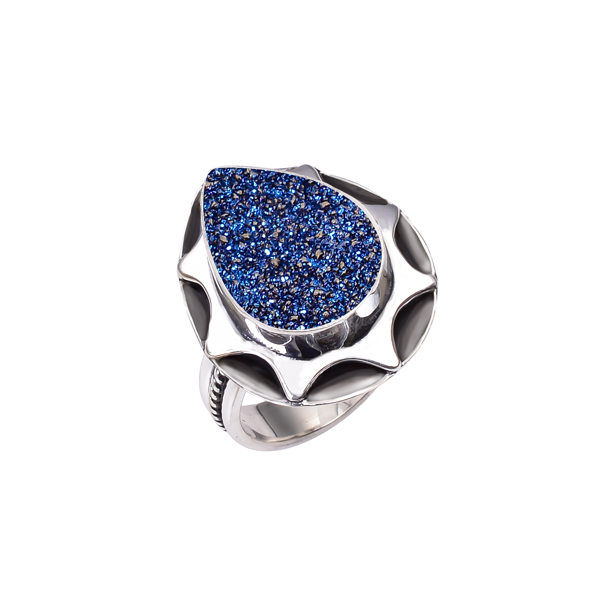 Electric Blue Titanium Agate Drusy 925 Sterling Silver Ring