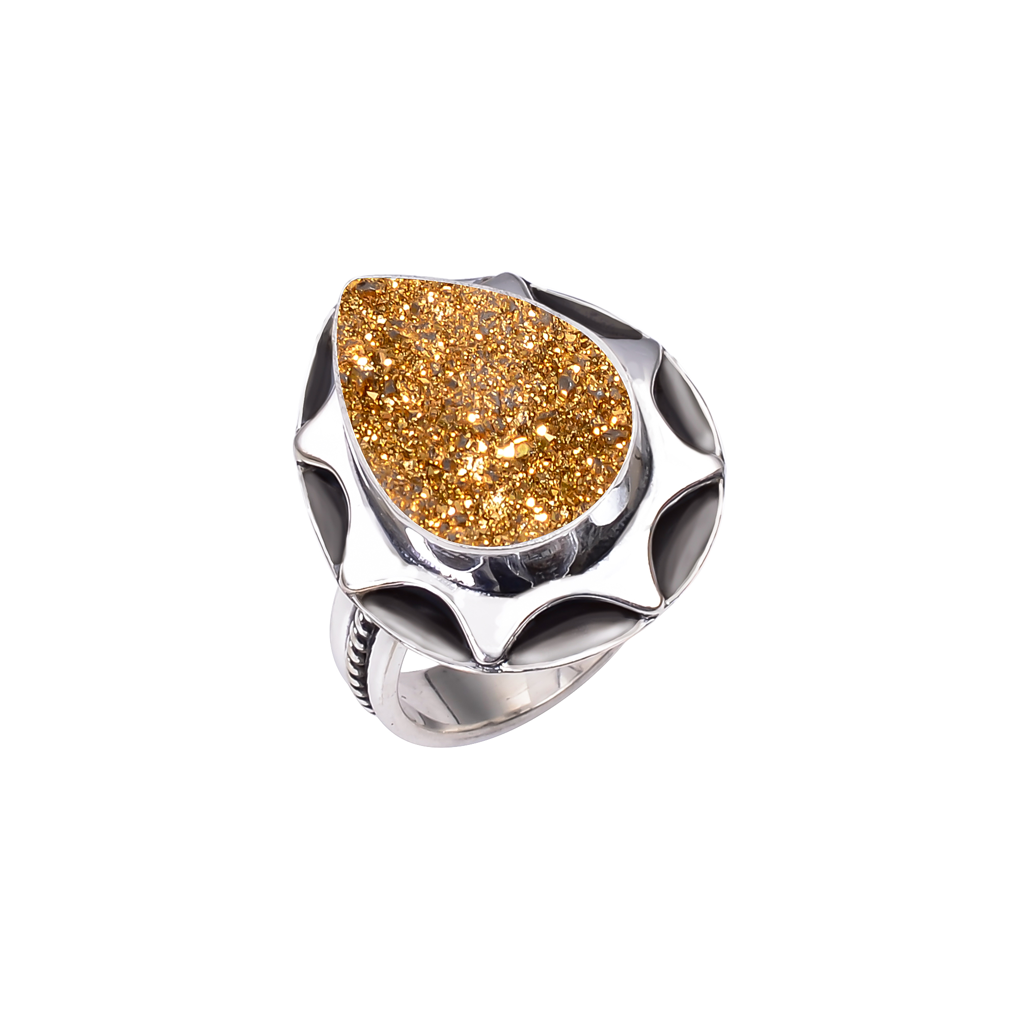 Golden Titanium Agate Drusy 925 Sterling Silver Ring