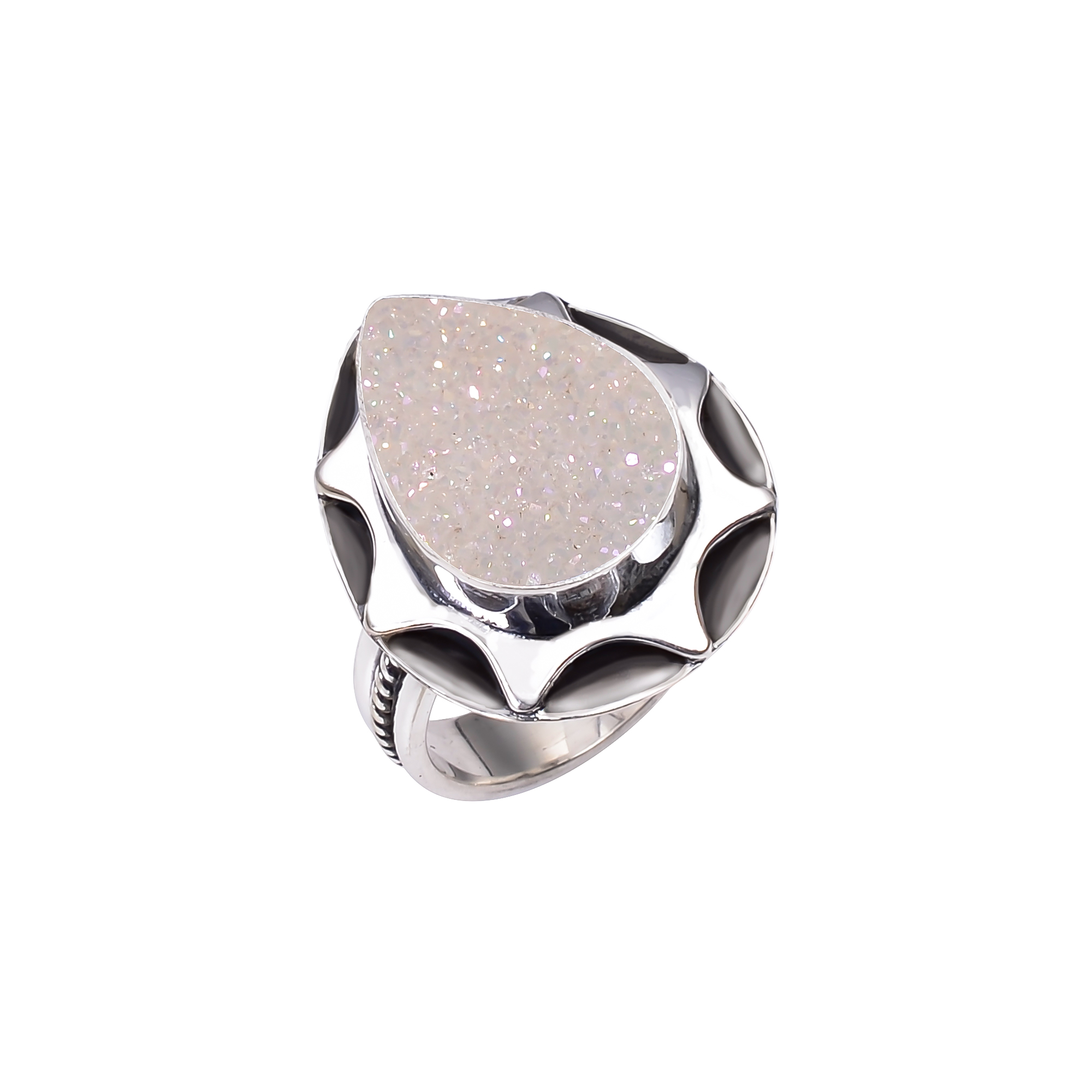 Snow White Titanium Agate Drusy 925 Sterling Silver Ring