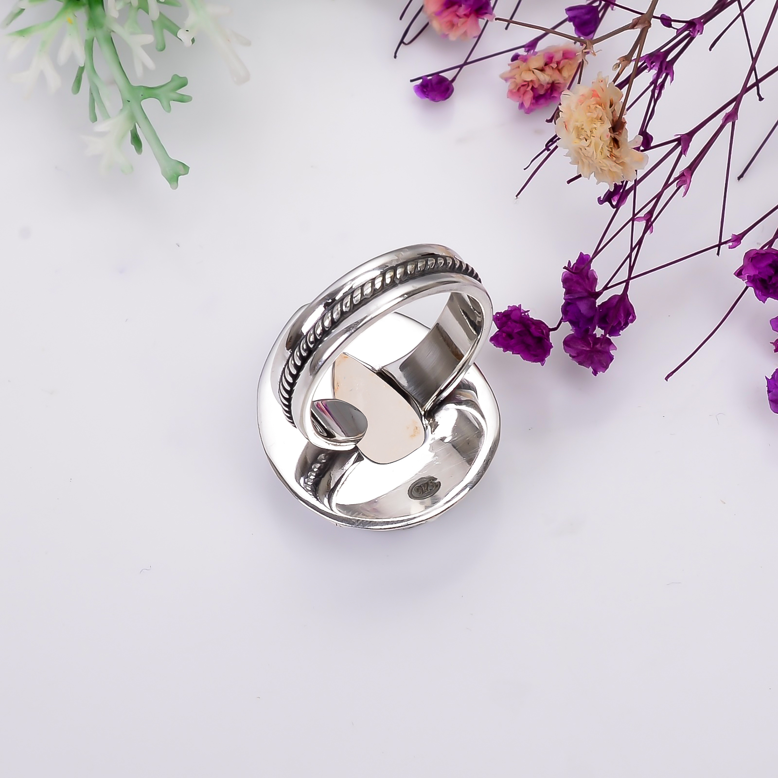 Snow White Titanium Agate Drusy 925 Sterling Silver Ring