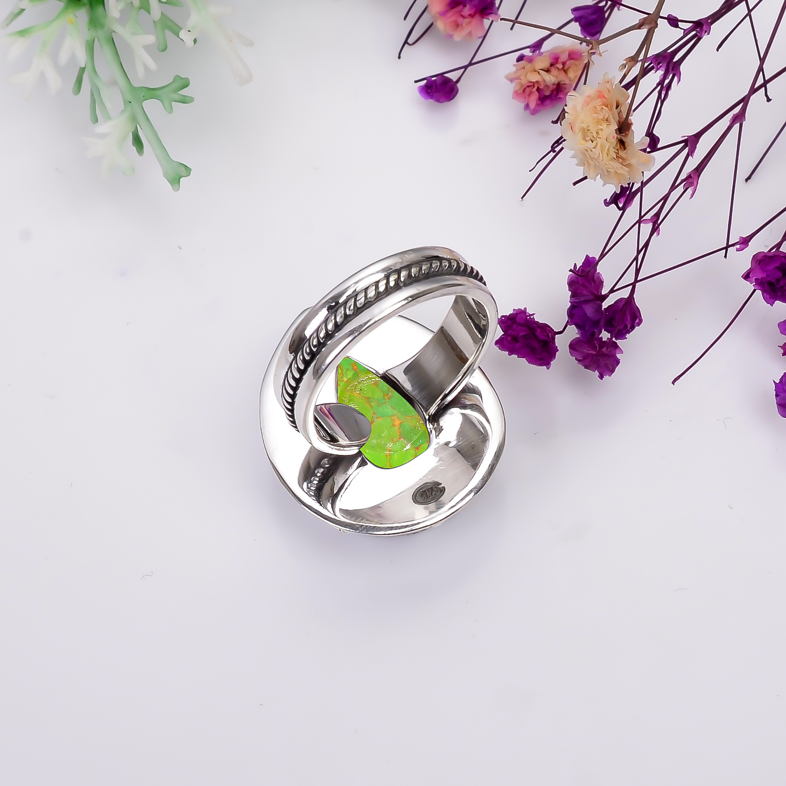 Copper Green Turquoise - Simulated 925 Solid Sterling Silver Ring