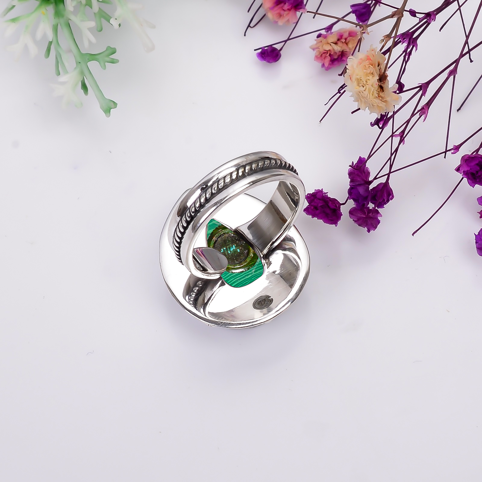 Malachite - Simulated 925 Solid Sterling Silver Ring