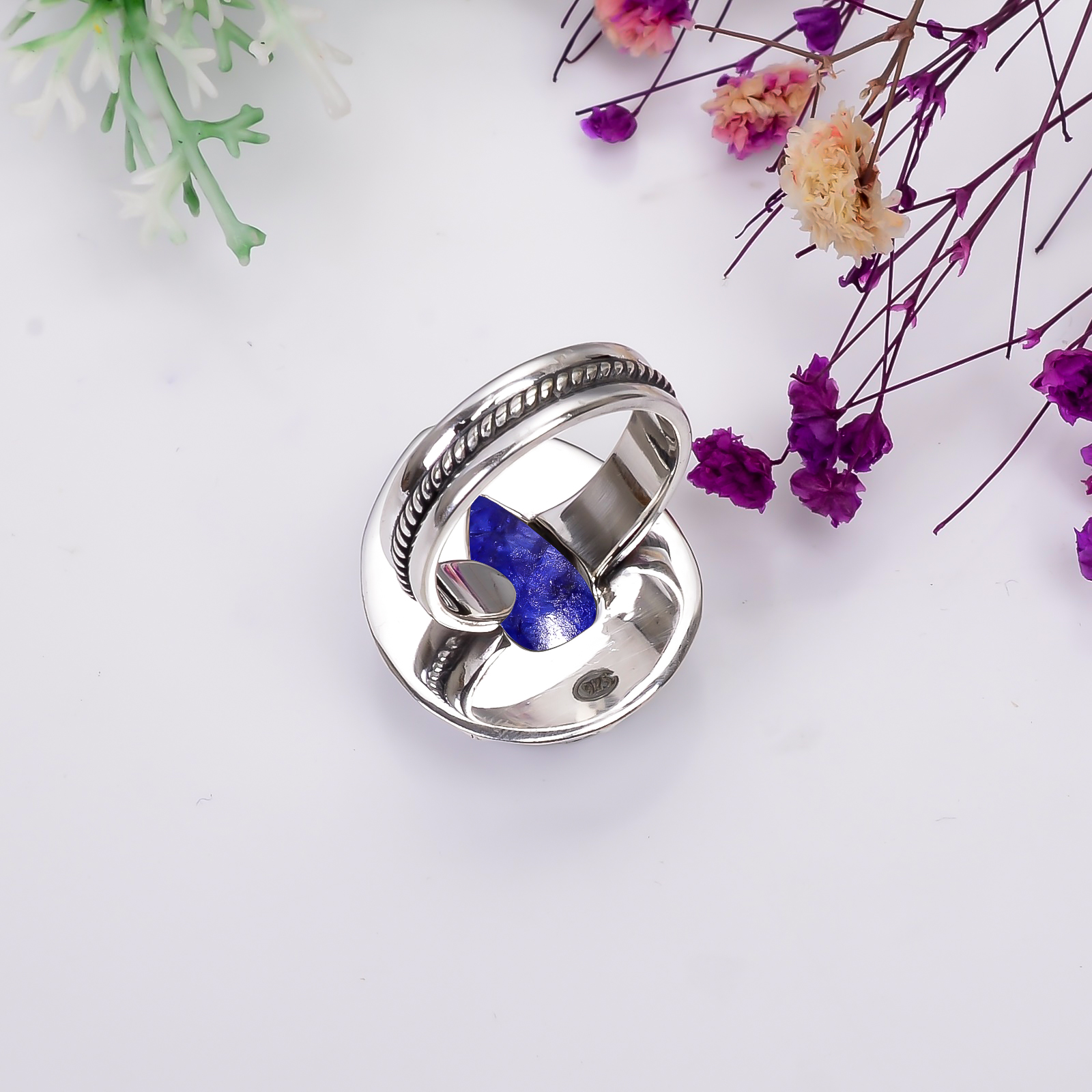 Blue Sapphire - Dyed Quartz 925 Solid Sterling Silver Ring