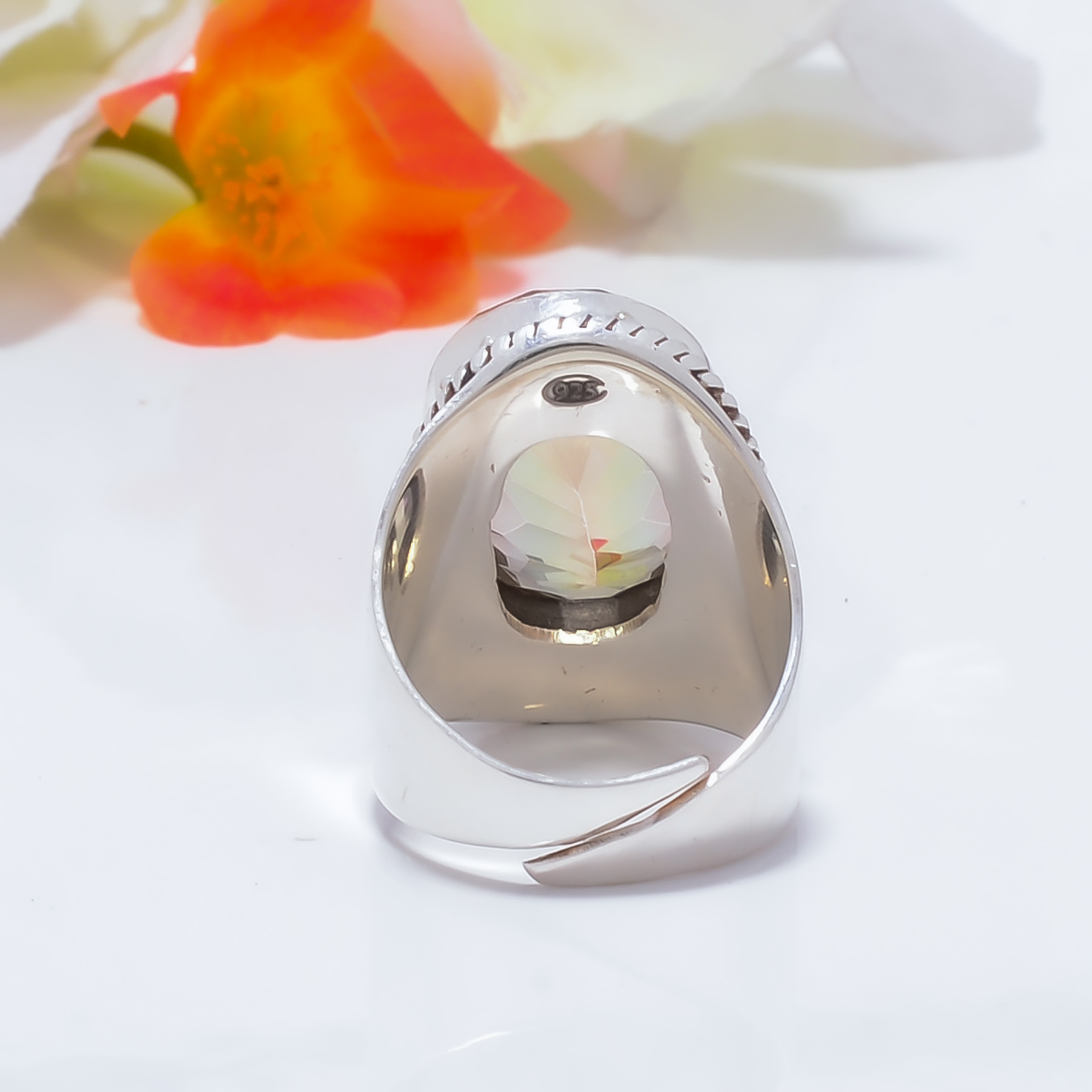 Golden Rainbow Mystic Fire Topaz - Simulated Gemstone 925 Sterling Silver Ring