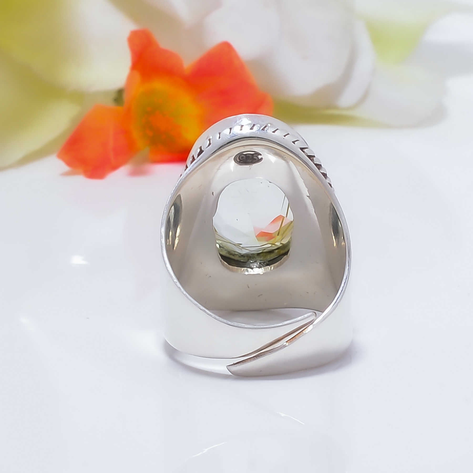 Golden Rutilated Quartz - Simulated Gemstone 925 Sterling Silver Ring