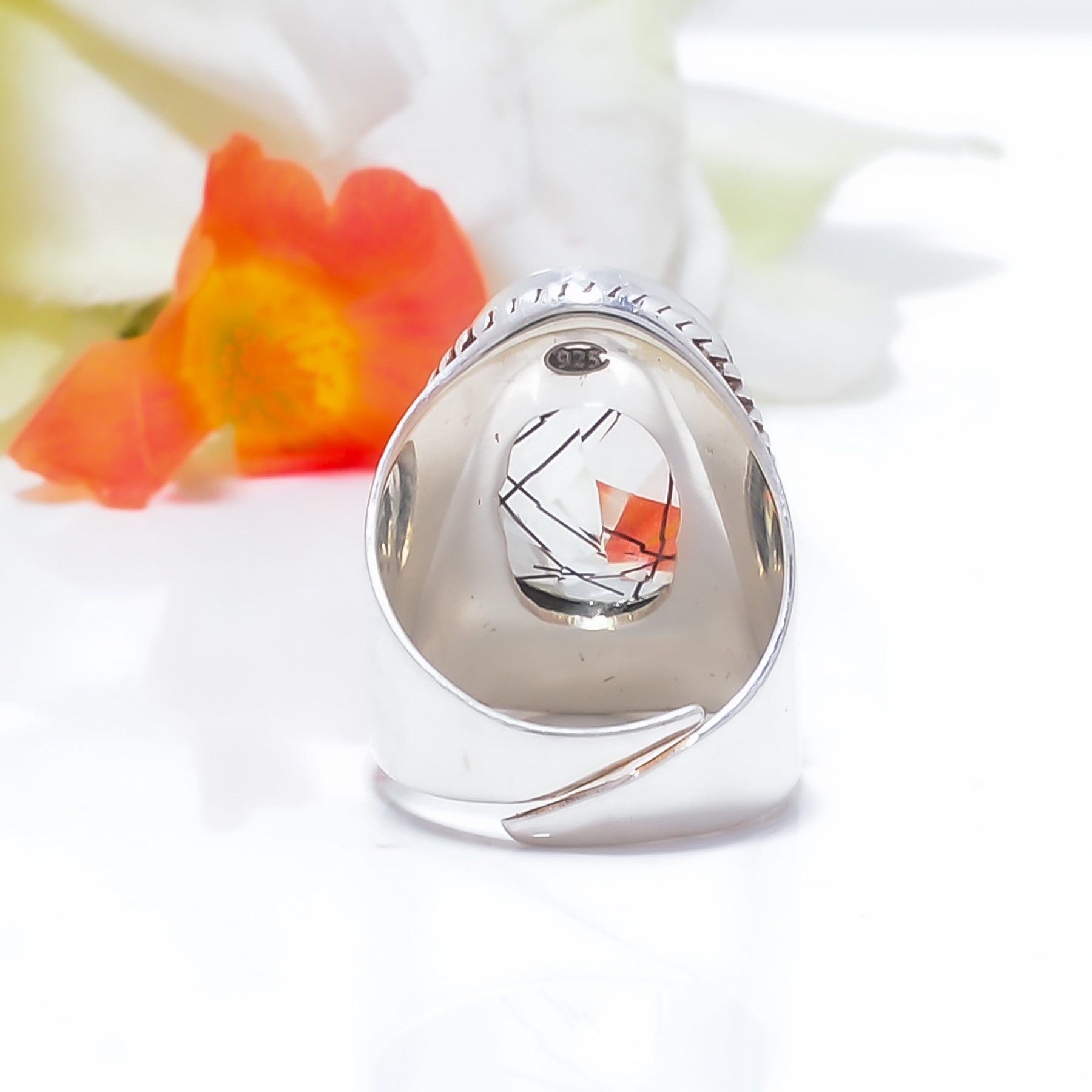 Black Rutilated Quartz - Simulated Gemstone 925 Sterling Silver Ring