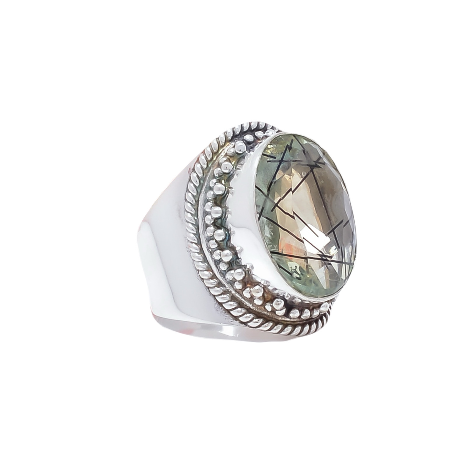 Black Rutilated Quartz - Simulated Gemstone 925 Sterling Silver Ring