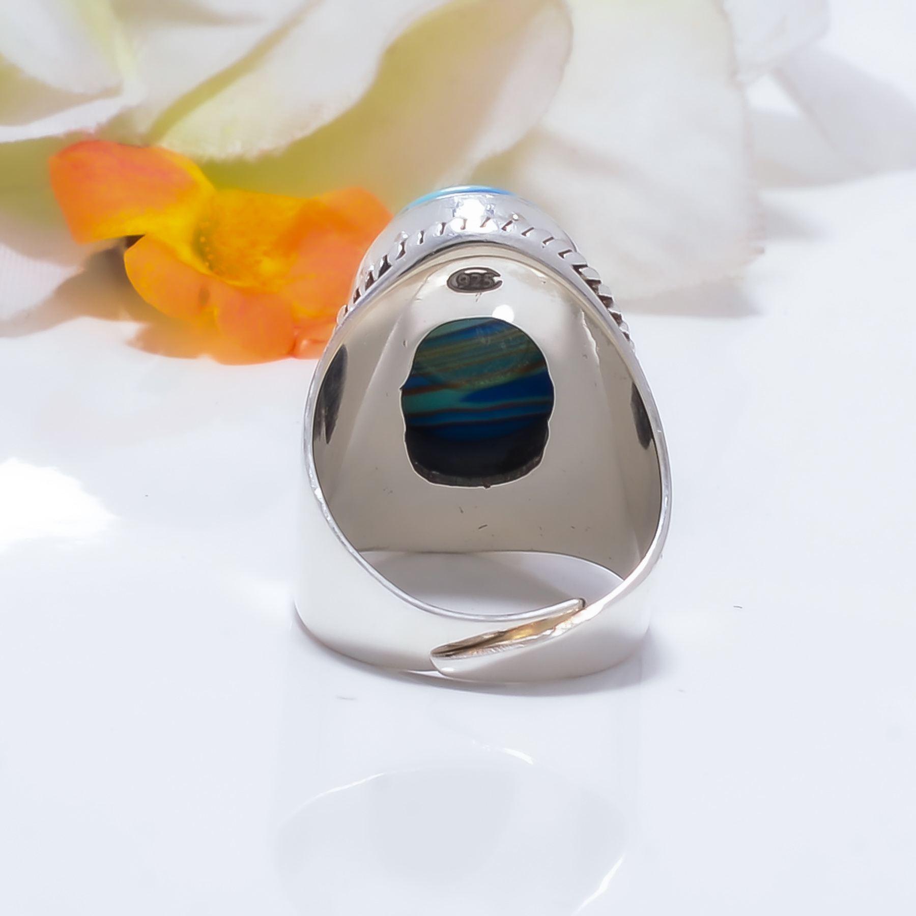 Blue Rainbow Calsilica - Simulated Gemstone 925 Sterling Silver Ring